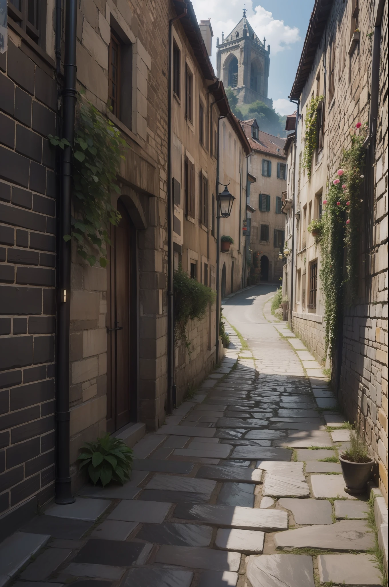 "narrow cobblestone street in a medieval village, realistic, cinematic, unreal engine 5"