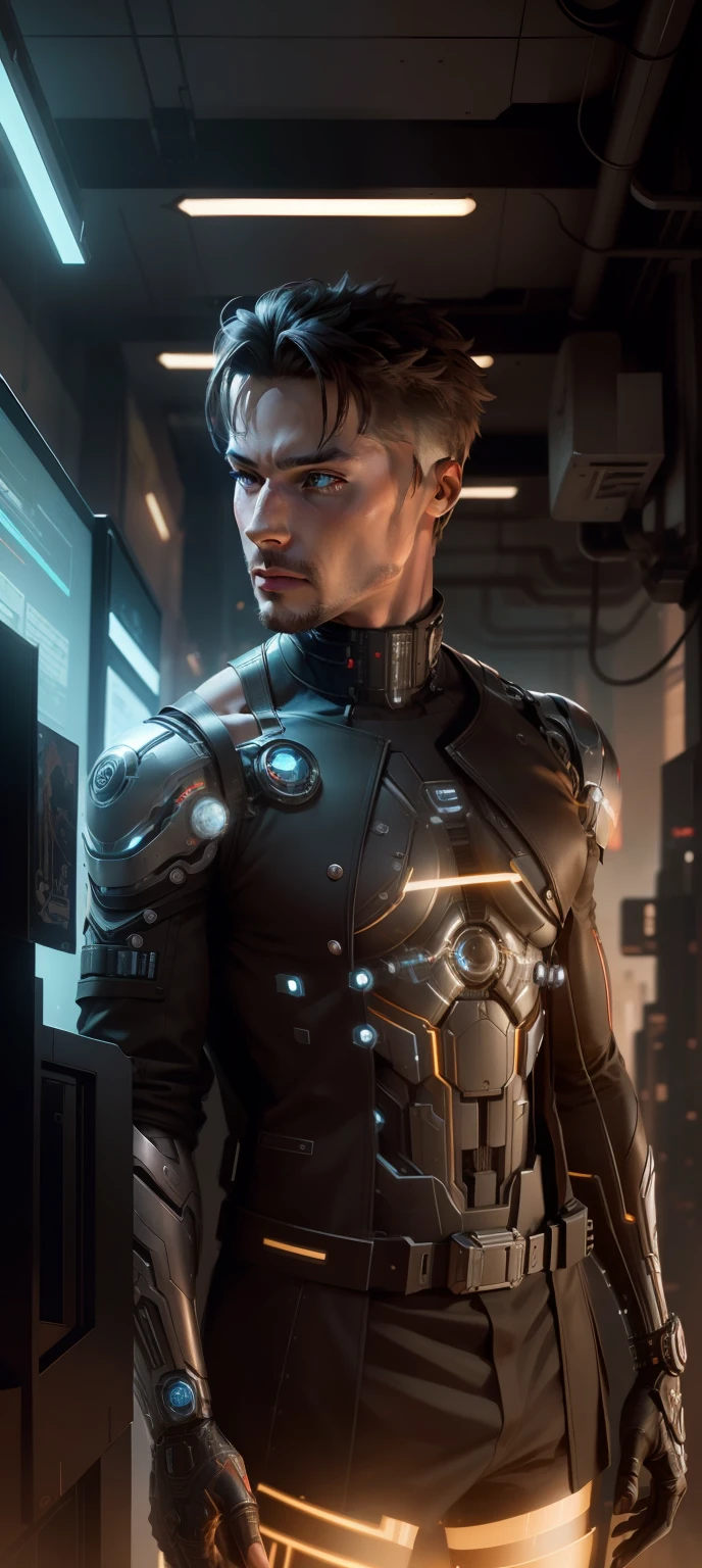 full man body cyborg| full-length portrait| detailed face| symmetric| steampunk| cyberpunk| cyborg| intricate detailed| to scale| hyperrealistic| cinematic lighting| digital art|full Ultron and cyber body concept art and original face