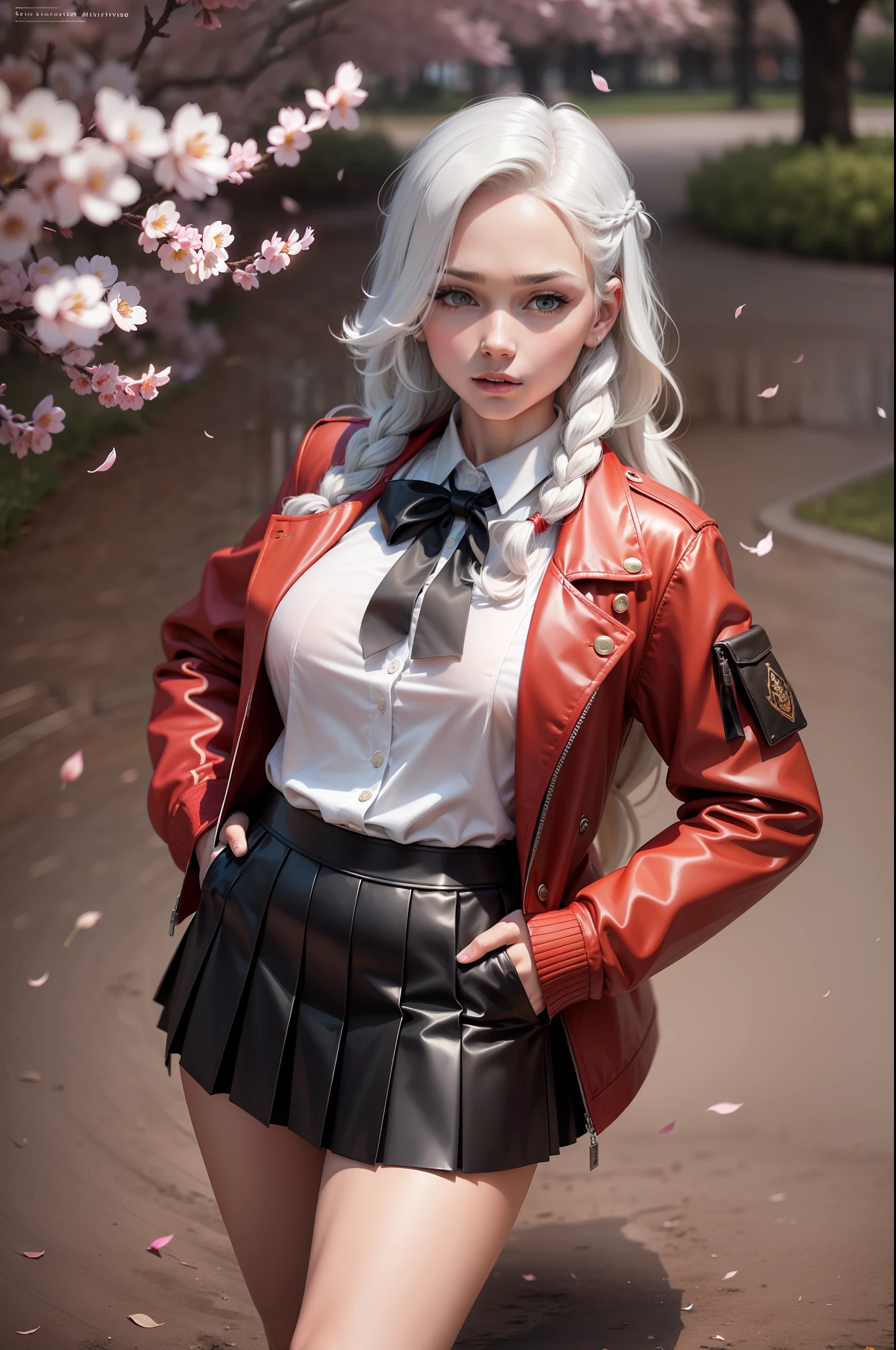 (Long white hair, Braided in two braids: 1.4), ((sharp jawline)) Red detailed eyes, Sharp pupils, Realistic pupils, ((Very muscular body with perky tits)), An evil expression on his face, (red jacket, white shirt with black tie, black pleated skirt with knee-length stockings, High-heeledshoes, High School Uniform: 1.3), stands sideways, hands in pocket, Sexy, Realistic, photoshooting, Professional, High contrast, Photo for the cover of the magazine, dutch angle, Bottom view, on the lawn in the park, Where the cherry blossoms bloom