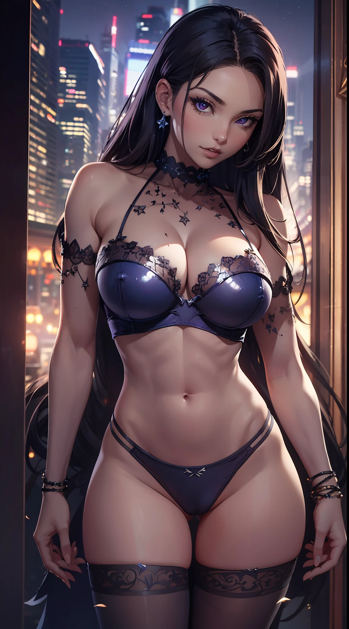 Nsfw, Best quality, masterpiece, intricate, night time, 1girl, solo, muscular, sexy, attractive,purple glowing eyes, long hair, smooth skin, cleavage, ((extremely slutty)).