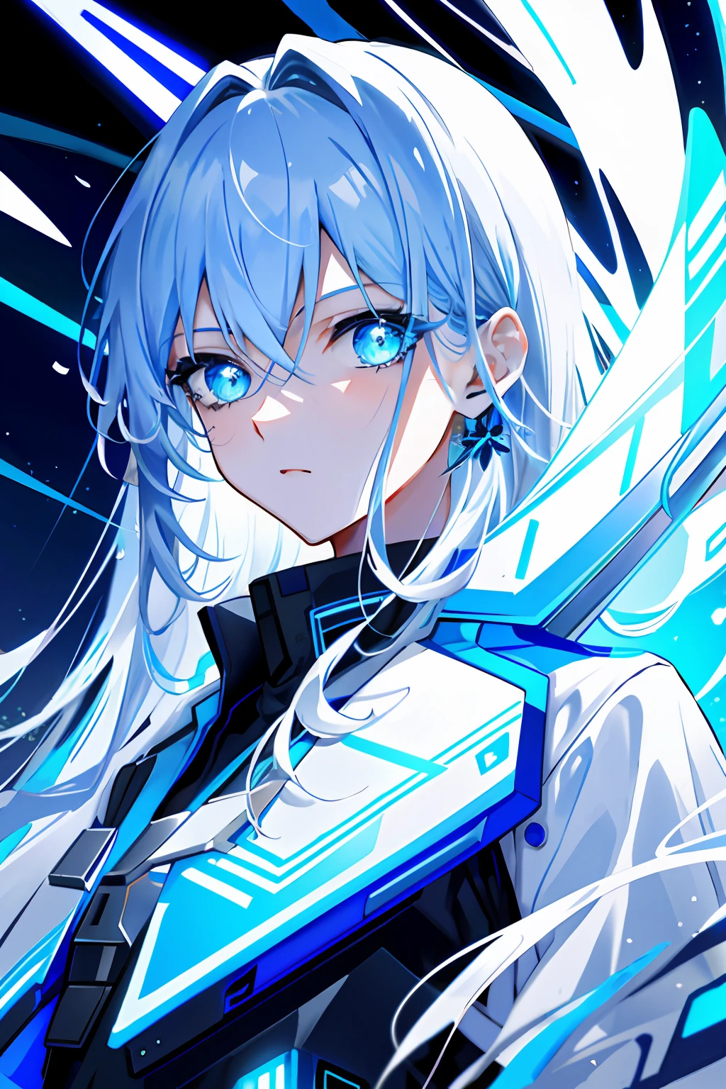 tmasterpiece,Need,illustration,blue color eyes,long white hair,Blue police uniform,cyber punk perssonage,Neon lights on the street,Delicate facial depiction and eyes,Flying blue butterflies,Sharp eyes,mistic