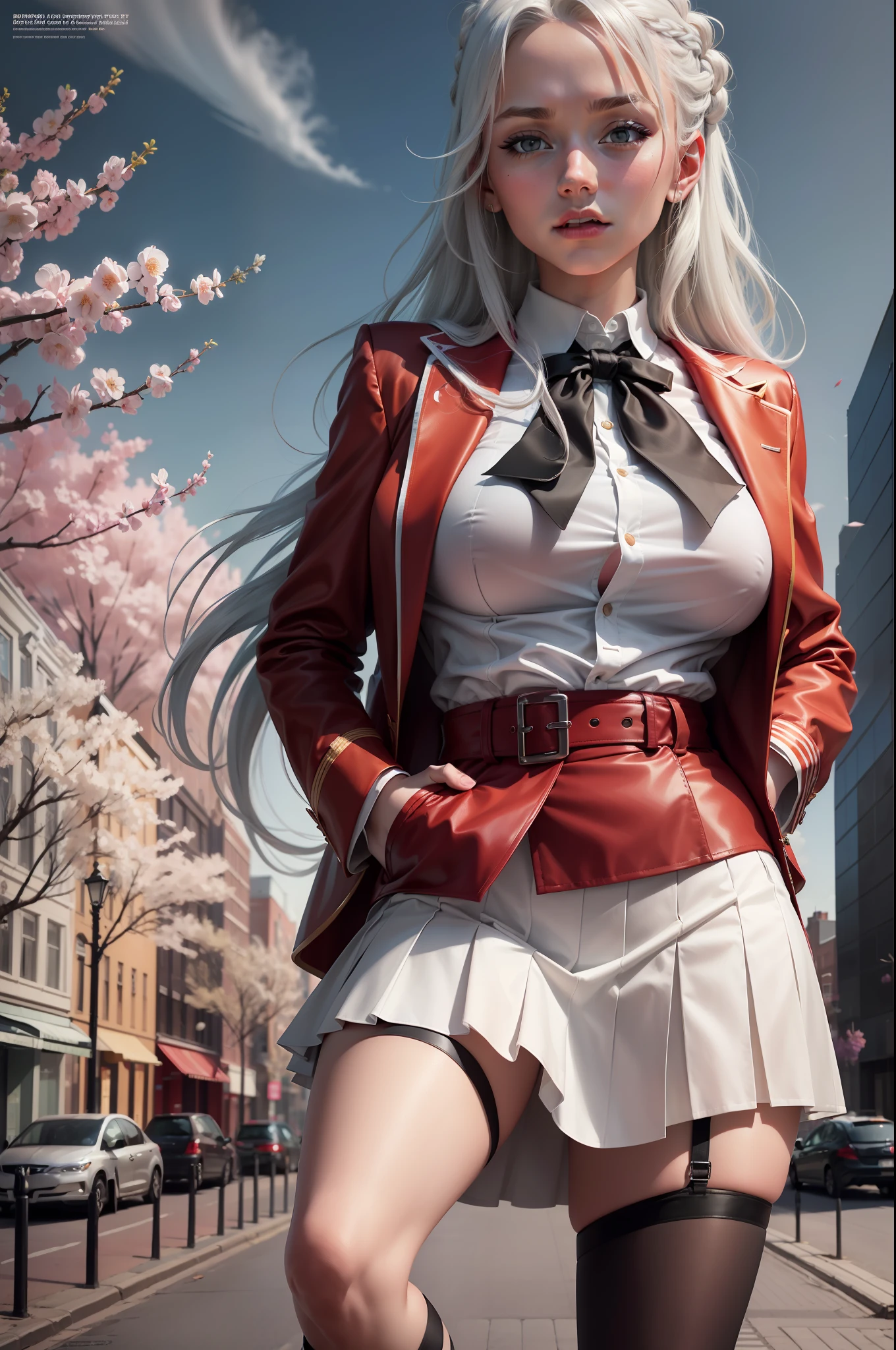 (Long white hair, Braided in two braids: 1.4), ((sharp jawline)) Red detailed eyes, Sharp pupils, Realistic pupils, ((Very muscular body with perky tits)), An evil expression on his face, (red jacket, white shirt with black tie, black pleated skirt with knee-length stockings, High-heeledshoes, High School Uniform: 1.3), stands sideways, hands in pocket, Sexy, Realistic, photoshooting, Professional, High contrast, Photo for the cover of the magazine, dutch angle, Bottom view, on the lawn in the park, Where the cherry blossoms bloom