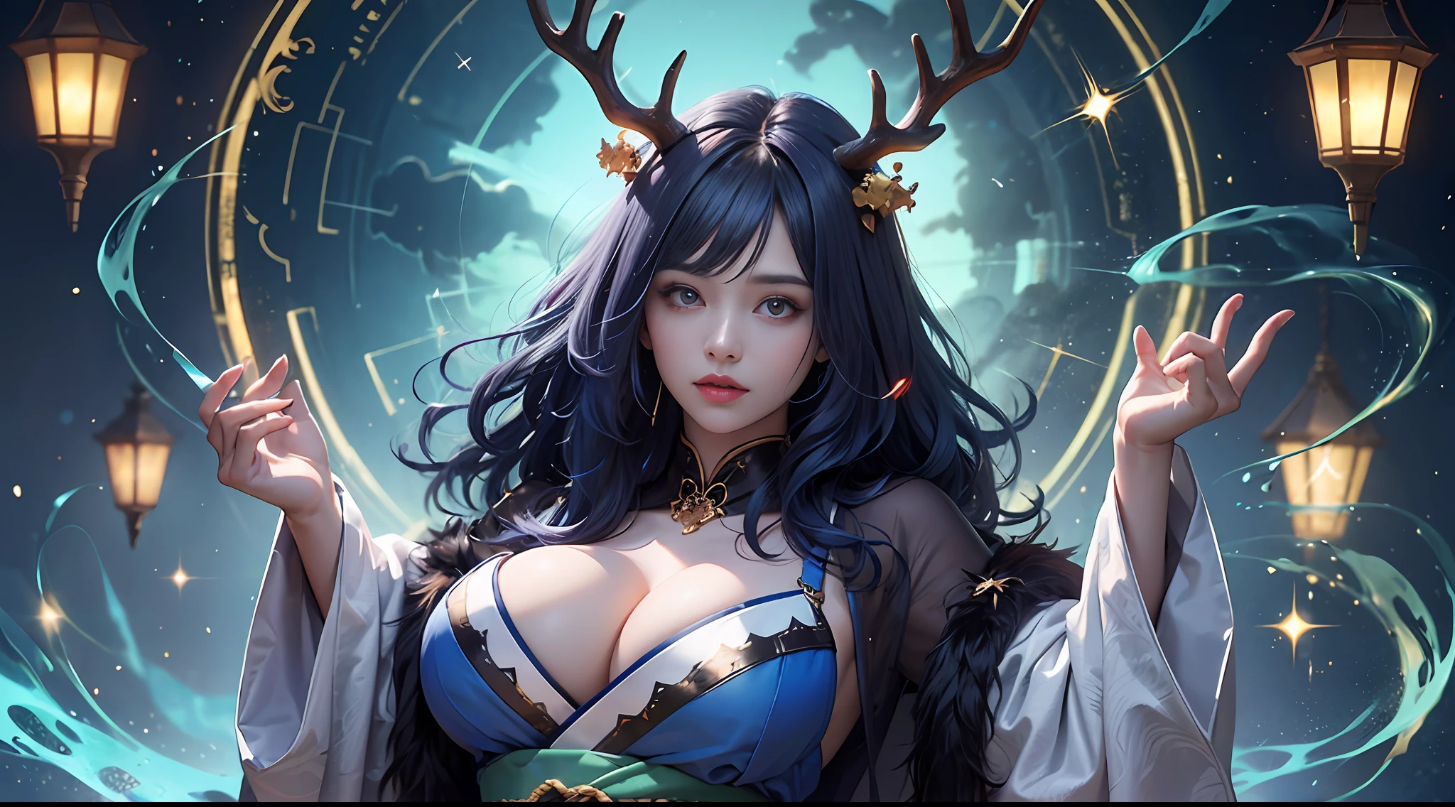 luna (zummeng), masterpiece, best quality, 1girl, horns, hyper breasts, solo, cleavage, large breasts, furry female, furry, antlers, japanese clothes, kimono, blue skin, glowing, blue theme, glowing skin, glowing hair, glowing clothes, glowing eyes, blue --auto --s2