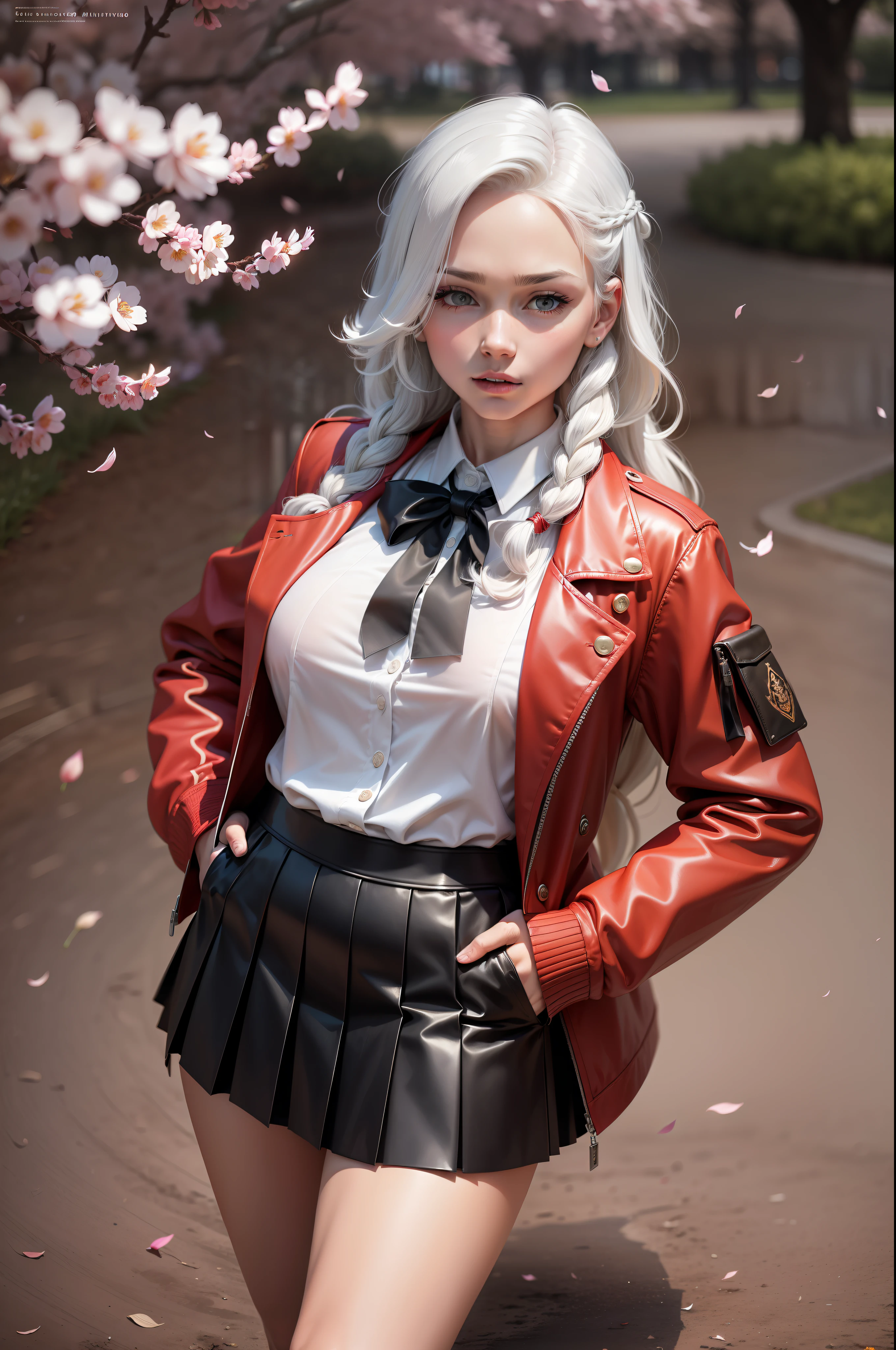 (Long white hair, Braided in two braids: 1.4), ((sharp jawline)) Red detailed eyes, Sharp pupils, Realistic pupils, ((Very muscular body with perky tits)), An evil expression on his face, (red jacket, white shirt with black tie, black pleated skirt with knee-length stockings, High-heeledshoes, High School Uniform: 1.3), stands sideways, hands in pocket, Sexy, Realistic, photoshooting, Professional, High contrast, Photo for the cover of the magazine, dutch angle, Bottom view, on the lawn in the park, Where the cherry blossoms bloom