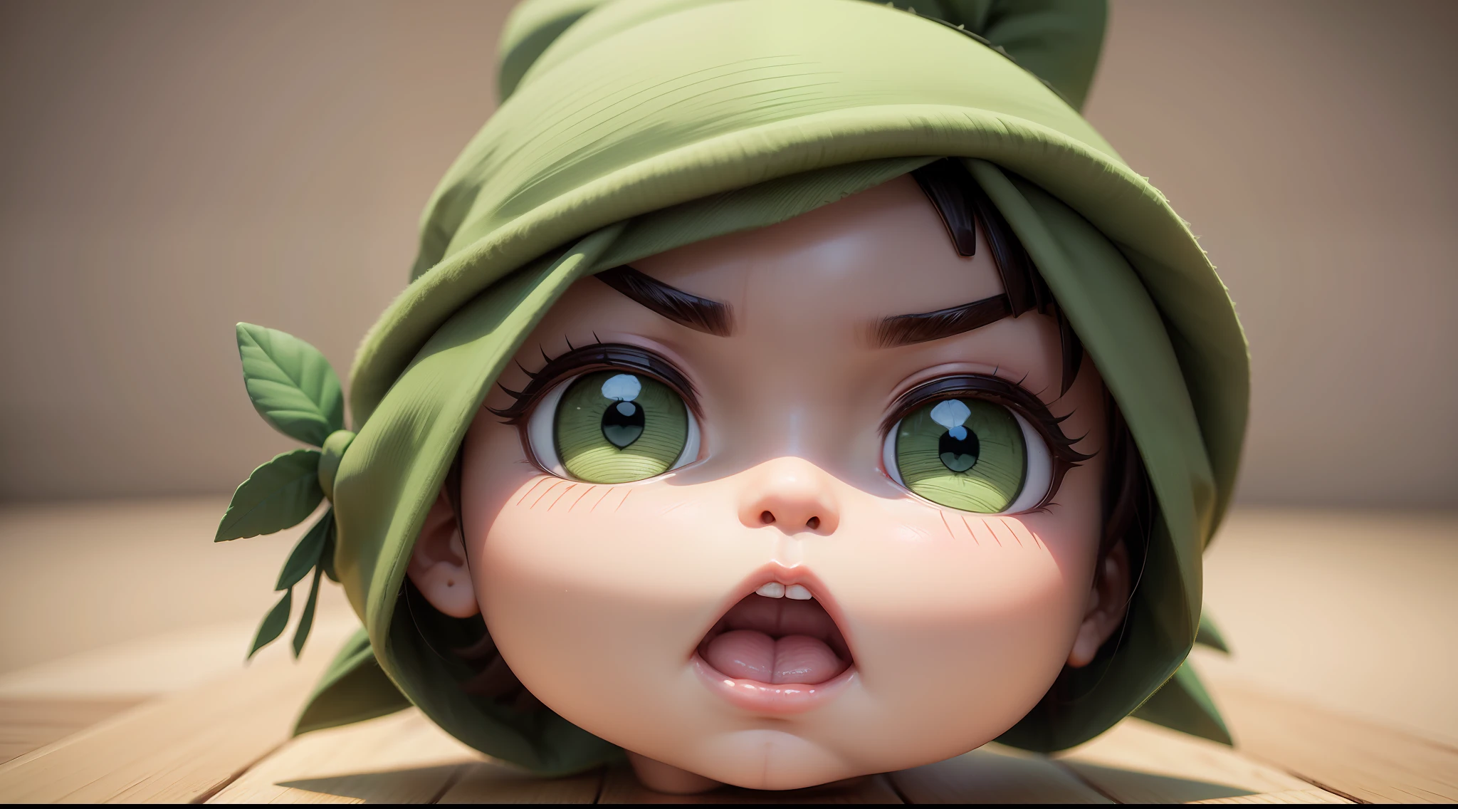 Face of a small doll with a green triangular hat),,She is very sad and angry, render 3D bonito, arte digital detalhada bonito, arte digital bonito, personagem de desenho animado bonito, painting digital adorable, bonito! c4d, personagem bonito, pop japonisme 3D, (fundo branco), ultra detalhado, por Yu Zhiding, 3D model of a Japanese mascot, nendoroid 3d, criatura fofa da floresta