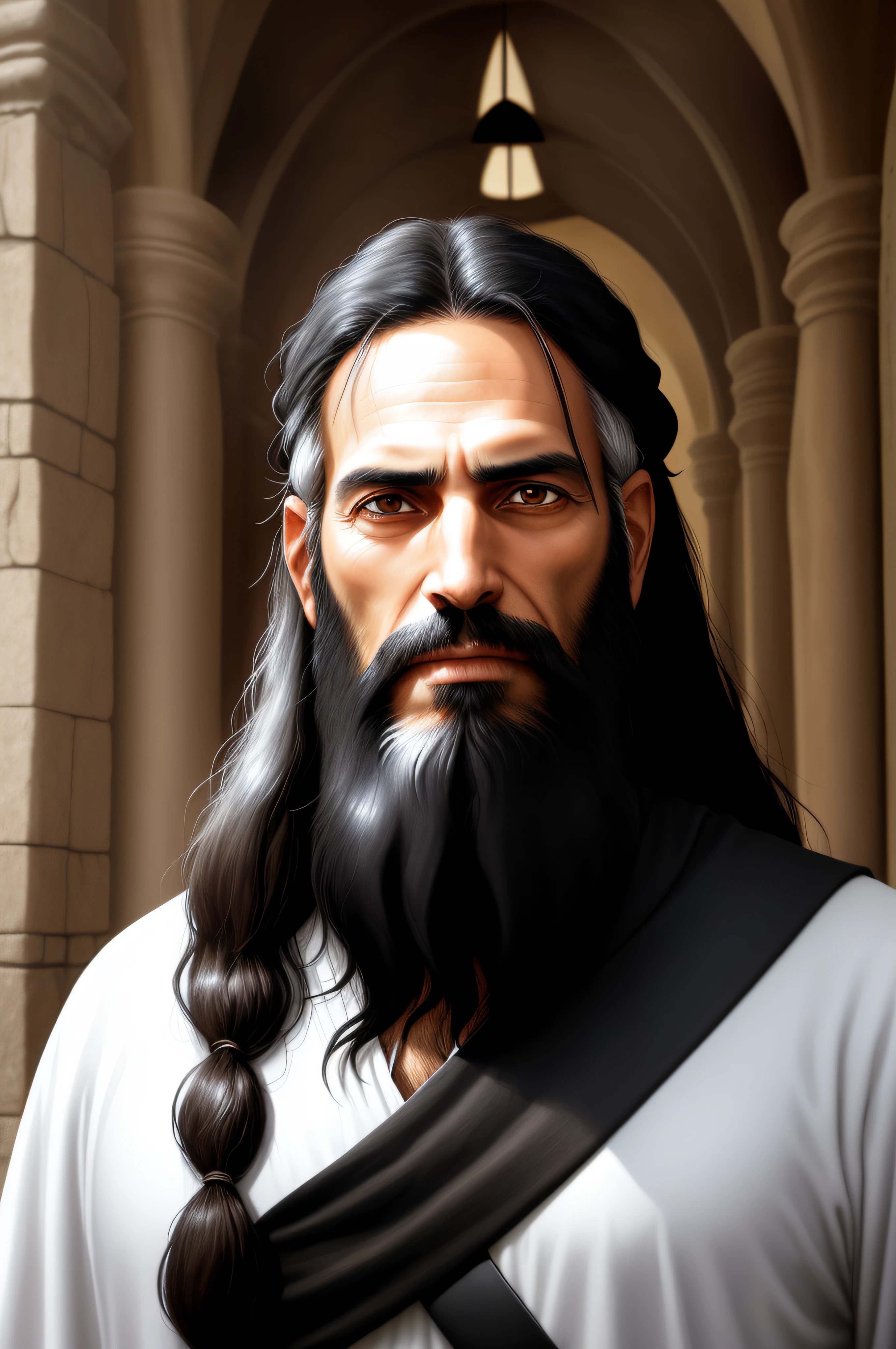 Thin Israeli man, 50 years old, brown eyes, long black hair, black beard, dressed in a simple all-white tunic, kind face, biblical setting