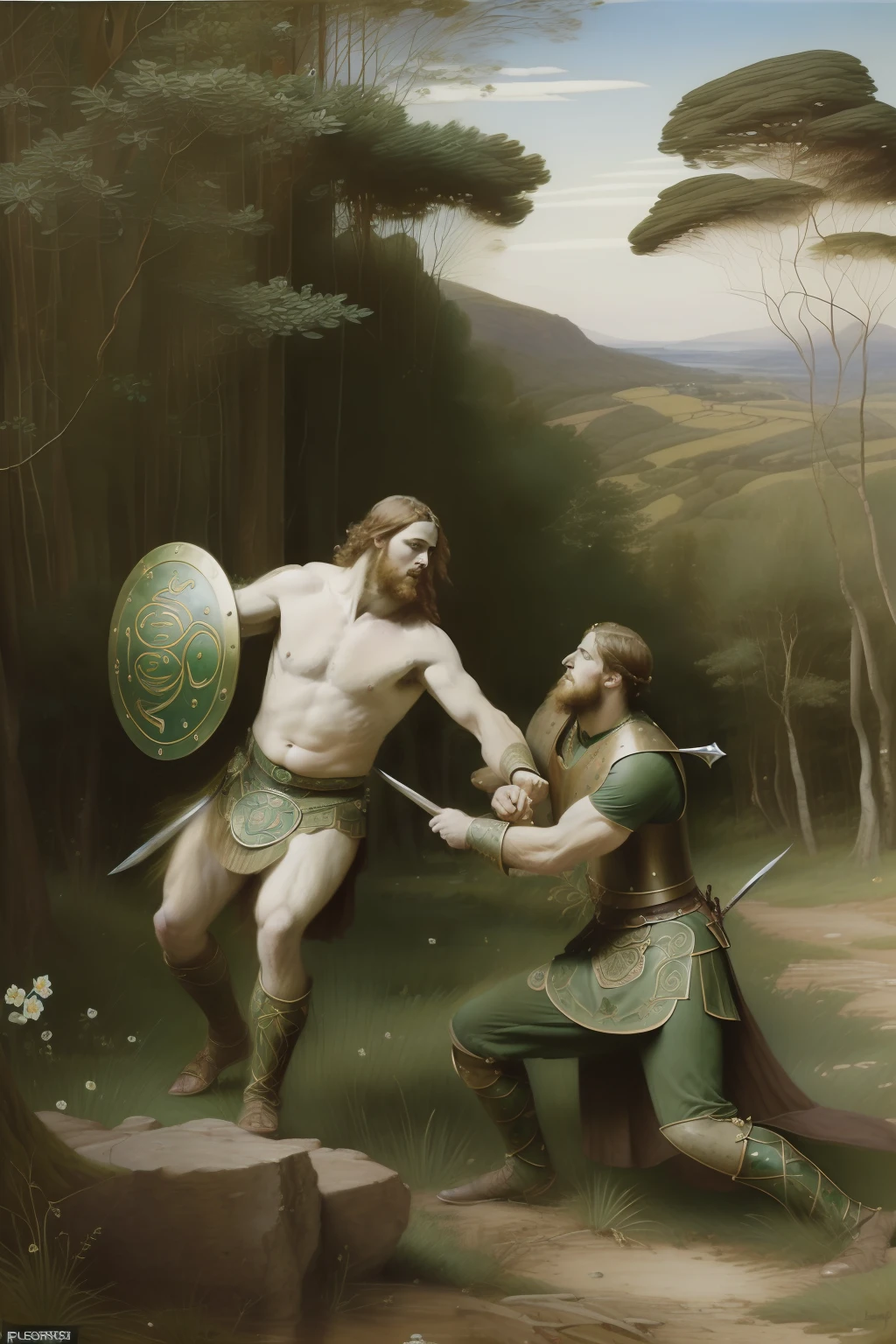 (((Pre-Raphaelite painting of a Celtic warrior in an attack, - Floresta de Sabugueiro, fulgor da raiva, Enrubescido)))