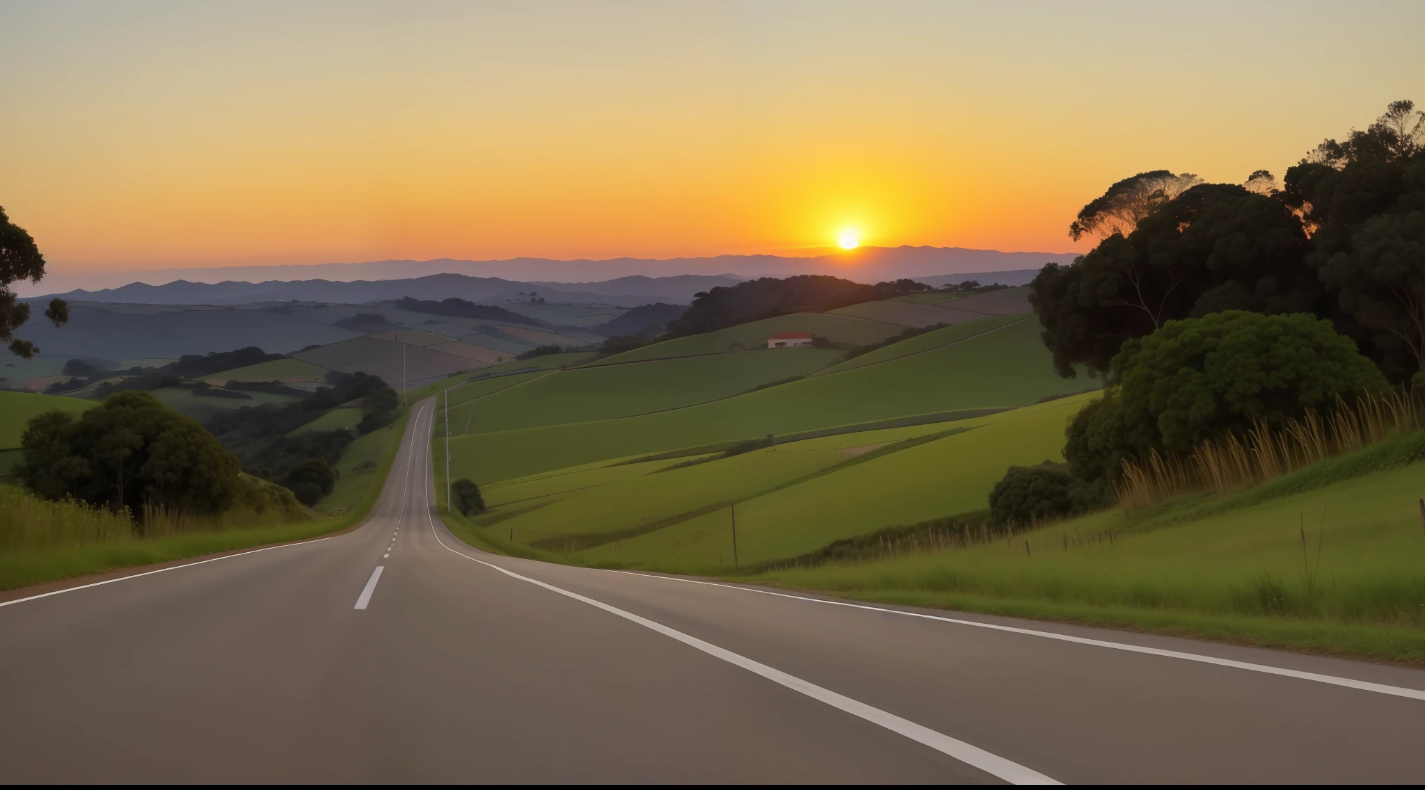 Paisagem rural, com rodovia ao centro, arvores, horizonte ao por do sol, ao longe motociclistas