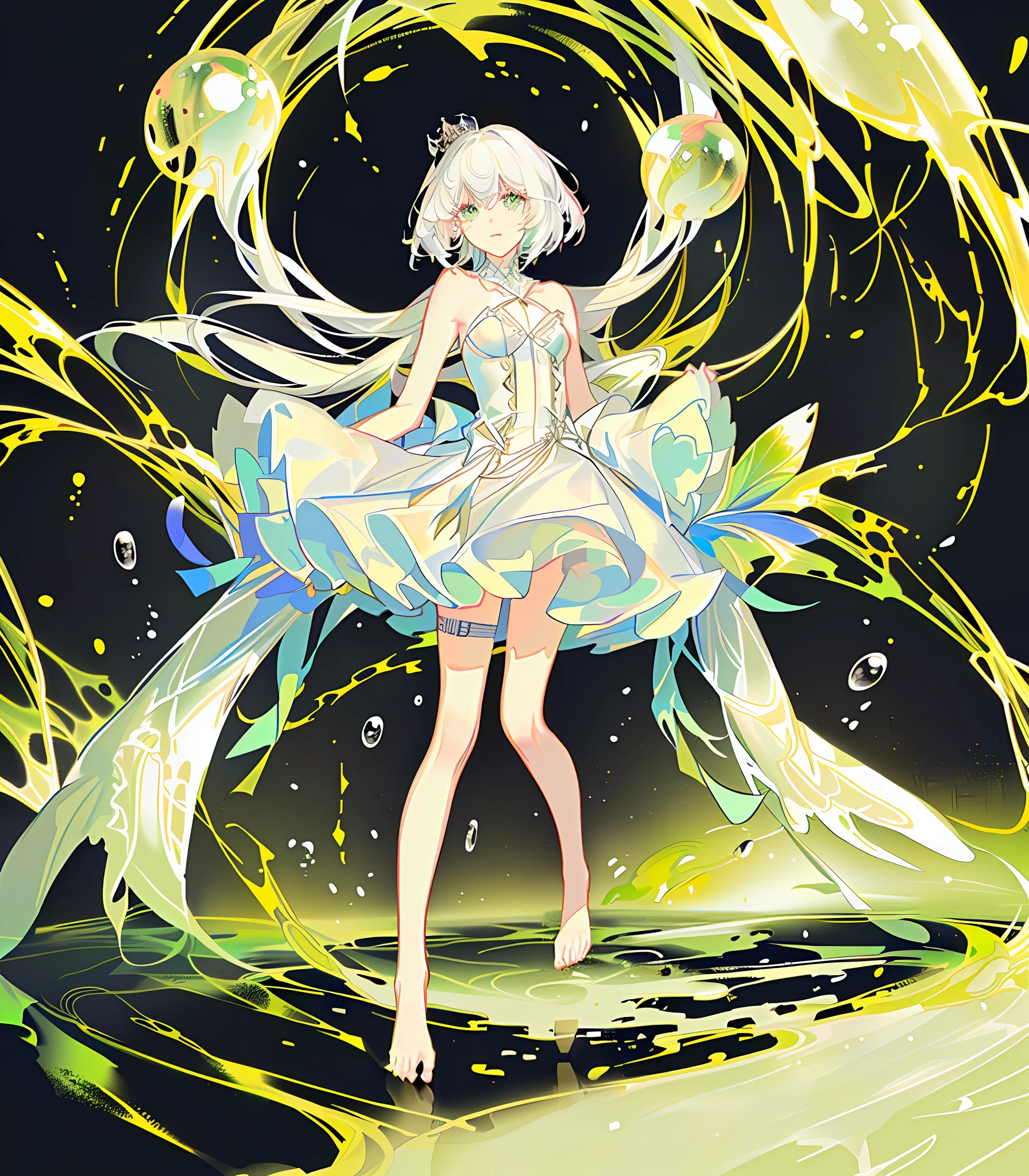 White shoes，（tmasterpiece，best qualtiy：1.2），（Super meticulous），（illustratio），Wallpapers，Original，1girll，Messy white hair，thin shoulder strap，White dress，Bare legged，Barefoot，Bare arms，full bodyesbian，（Surrounded by colorful splashes and dots），Colored bubbles，（Shiny）high-definition picture quality，Chroma contrast contrast