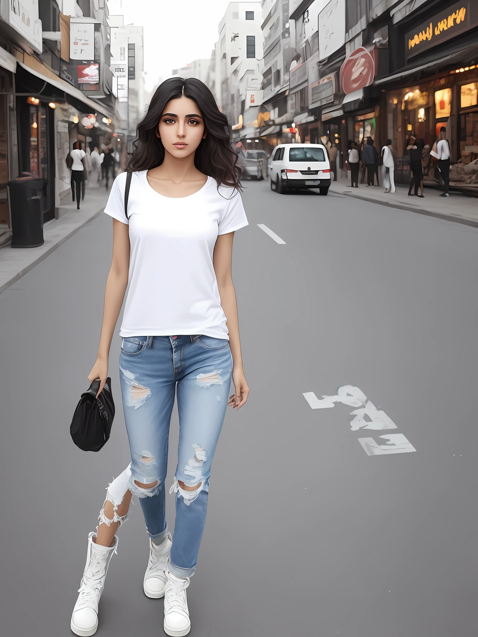 alluring stuning gorgeous posing european drunk homeless sexy Arabian lady ((dirty))ripped ripped tight jeans with lose baggy tee-shirt, regular fit Tee-shirt, white plain Tee-shirt, intricate enviroment, intricate texture of skin, food waste, trash, garbage, night, night street lights, carton boxes, cute face, sexual intention, toned legs, long length tee-shirt, short sleeves basic, white tee-shirt long length, ankle boots, middle eastern 23 years old fashion girl, wavy hairstyle, detailed eye's, nose and lips, baggy long Teeshirt, Miru & Abraham ad billboard's in background, perfact body, walking style middle eastern beautiful women.