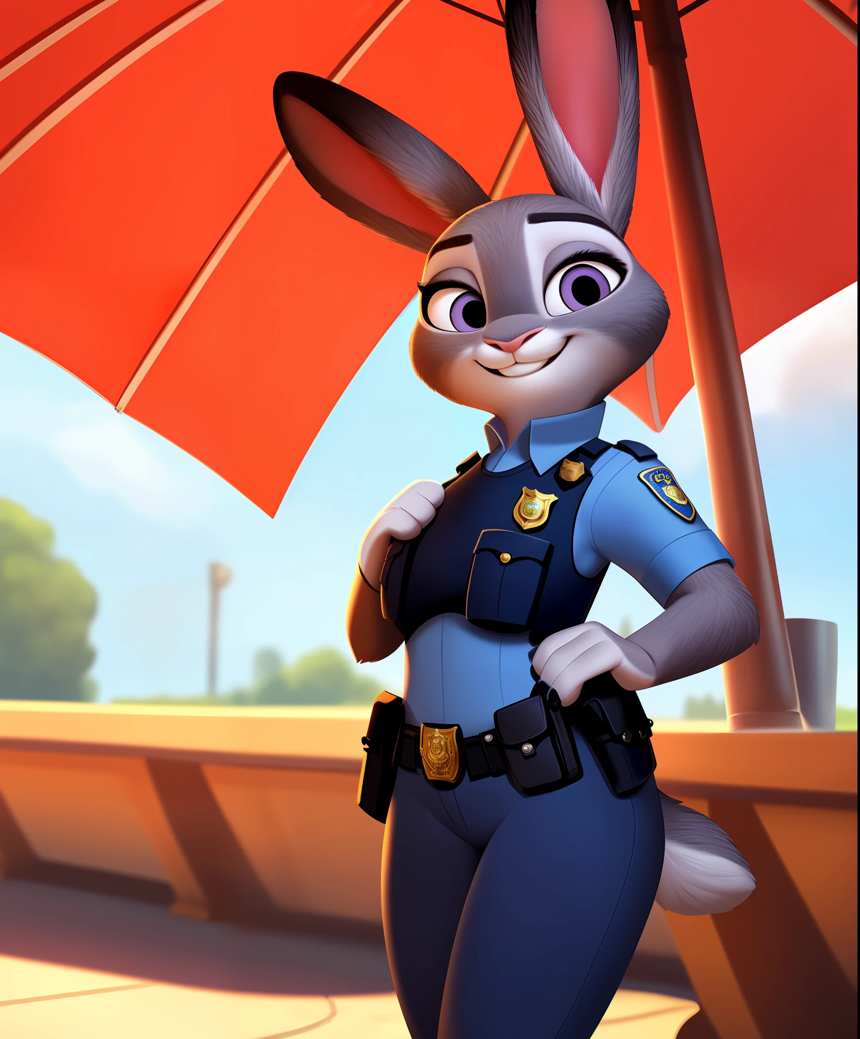 (by qupostuv35:1.2), female, (Detailed face), (solo:1.1), (more details:1.1), ((anthro, humanoid)), [(thin:1.1) : small petite : (Judy rabbit:1.2):4], (Detailed face), (anthropomorphic legs, anthropomorphic hands:1.1), (solo), hot sunny day, (police uniform:1.2), (smile:1.2),