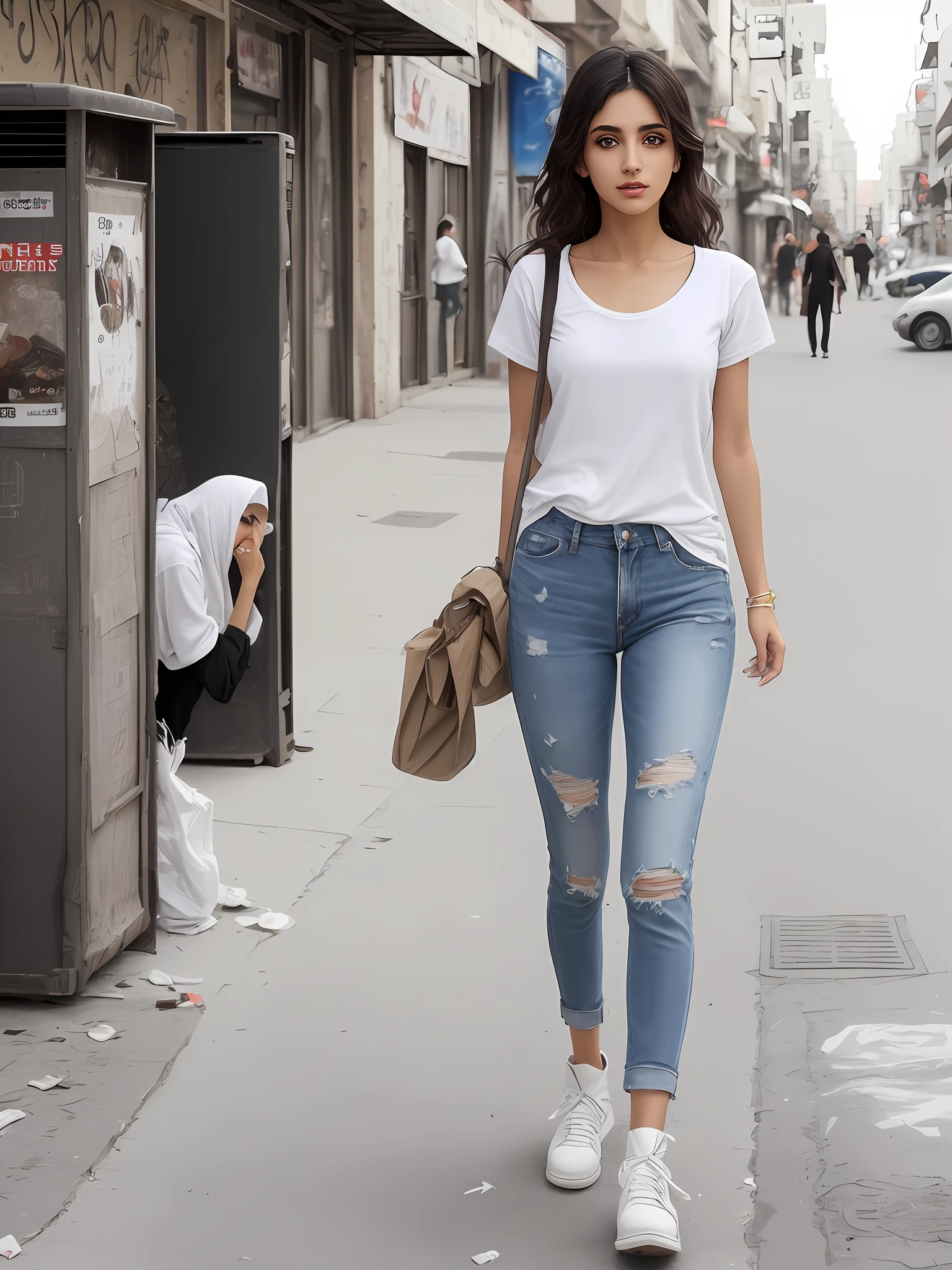 alluring stuning gorgeous posing european drunk homeless sexy Arabian lady ((dirty))ripped ripped tight jeans with lose baggy tee-shirt, regular fit Tee-shirt, white plain Tee-shirt, intricate enviroment, intricate texture of skin, food waste, trash, garbage, night, night street lights, carton boxes, cute face, sexual intention, toned legs, long length tee-shirt, short sleeves basic, white tee-shirt long length, ankle boots, middle eastern 23 years old fashion girl, wavy hairstyle, detailed eye's, nose and lips, baggy long Teeshirt, Miru & Abraham ad billboard's in background, perfact body, walking style middle eastern beautiful women.
