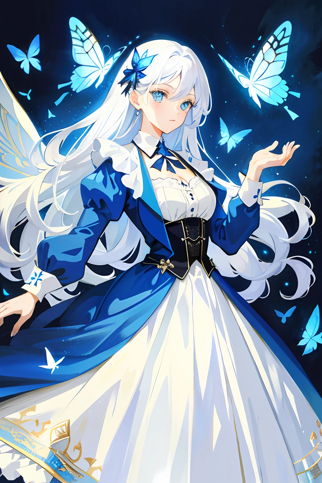 tmasterpiece,Need,illustration,blue color eyes,long white hair,Blue vintage dress,steampunc,Vintage feel,Flying blue butterflies