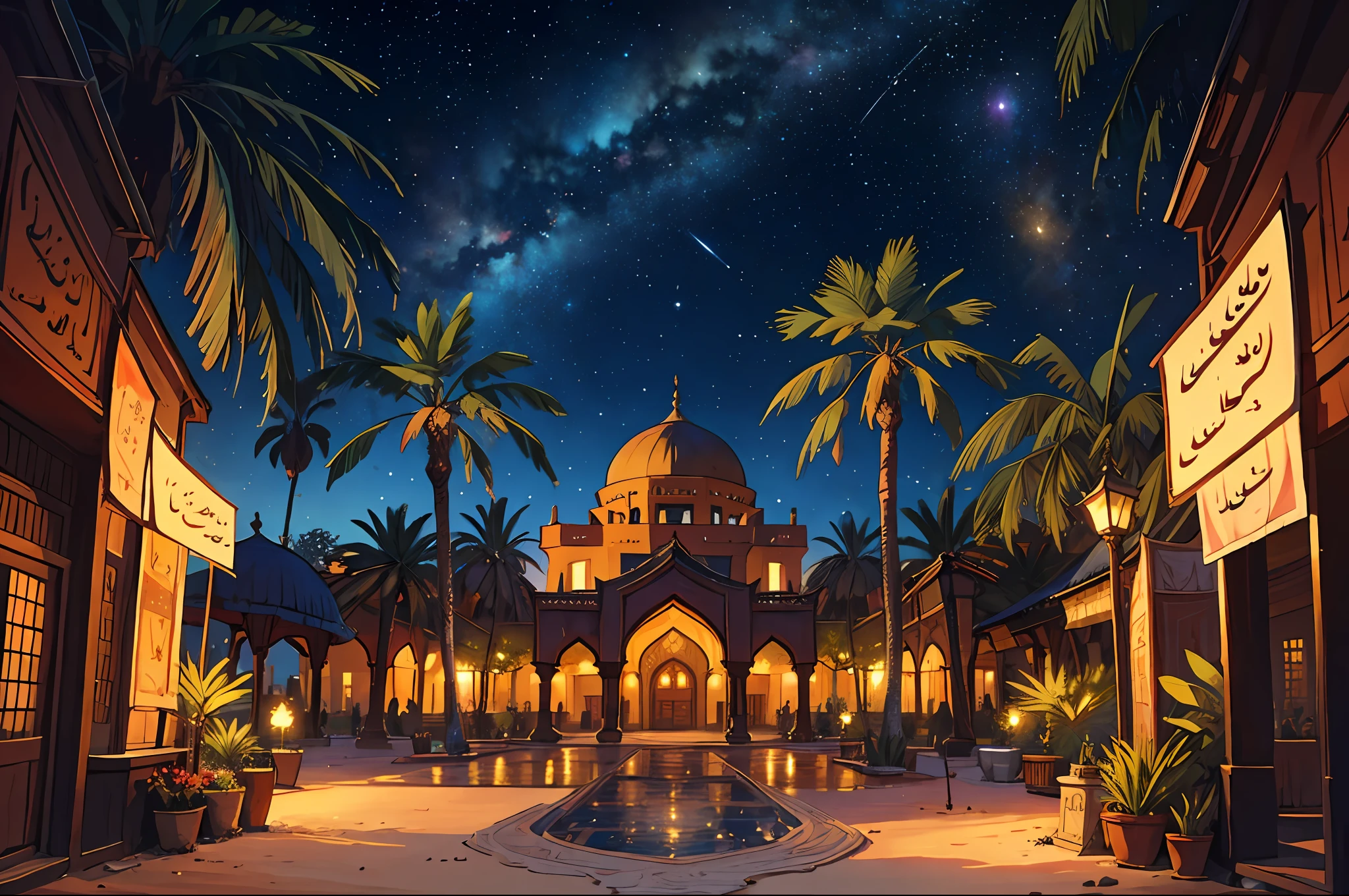 Transport us to a mesmerizing realm inspired by magical Arabian nights, where an oriental kingdom thrives amidst the breathtaking expanse of the desert. Describe ornate palaces adorned with intricate mosaic patterns, bustling bazaars filled with exotic treasures, and lush oases surrounded by date palms. Illuminate the scene with a vivid portrayal of starlit nights, where shimmering sands meet the enchanting glow of countless stars, evoking the wonder and allure of a truly fantastical world
