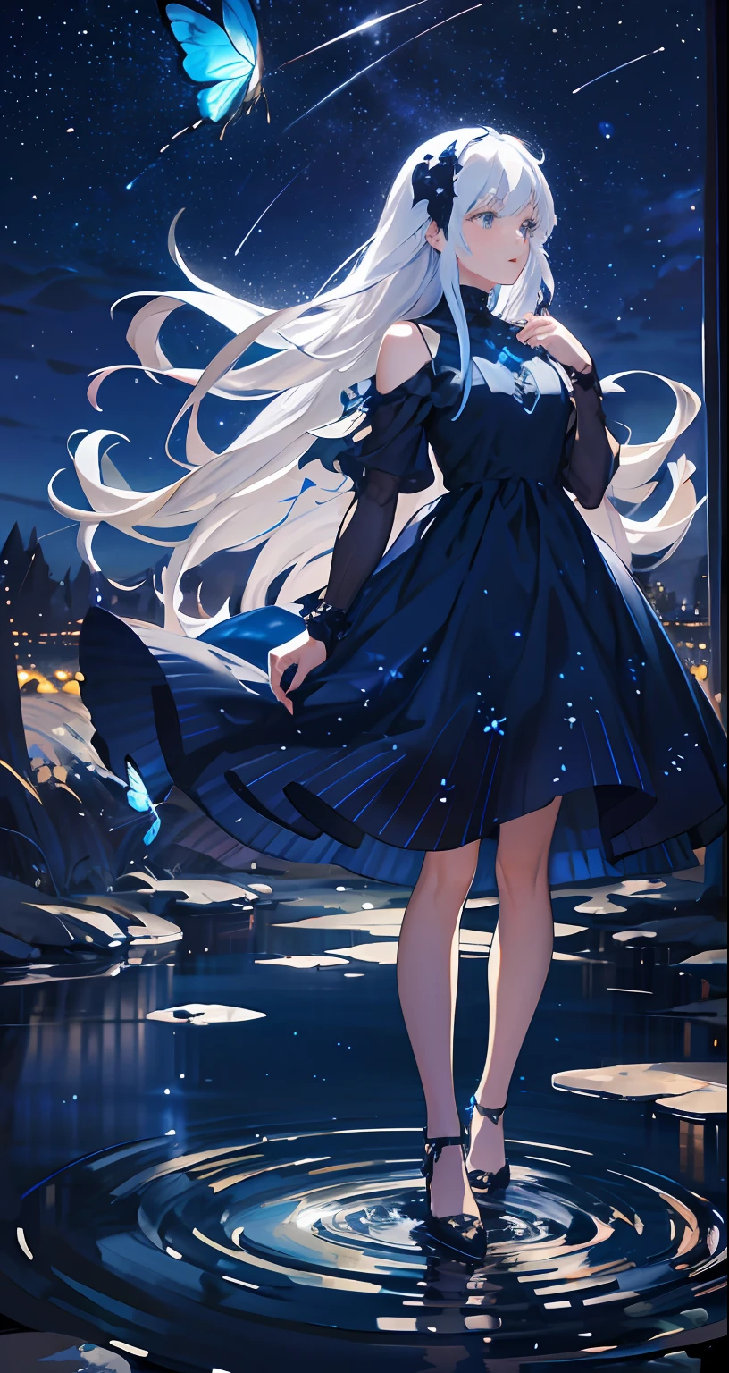 under the starry night sky,meteors,Girl standing,Side Body,The creek reflects the starry sky,Girl with long white hair,Blue dress,Blue butterflies fly,blue color eyes,delicated,the night