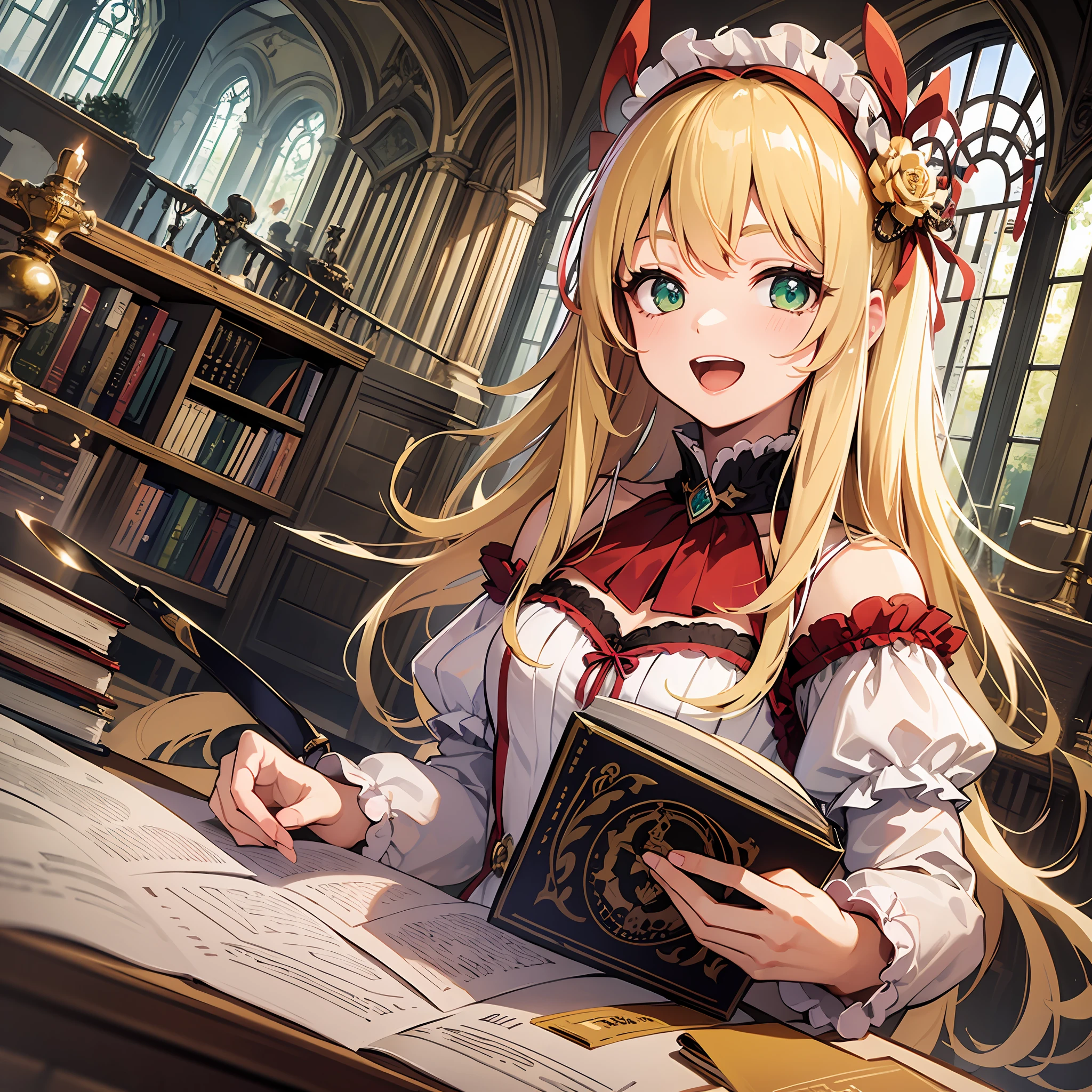 (masterpiece:1.3), (best quality:1.3), high resolution,
dutch angle, overlook view, upper body,
body facing forward, reading a book,
(one cute girl:1.3), solo,
white skin, small Breast, eight-headed person,
light yellow hair, long hair, red ribbon, fluffy hair, beautiful hair, green eyes, beautiful detailed eyes,
open mouth, cheerful smile,
frilled dress, pink dresses,
indoors, inside the castle, luxury rooms, library,
shadowlighting,