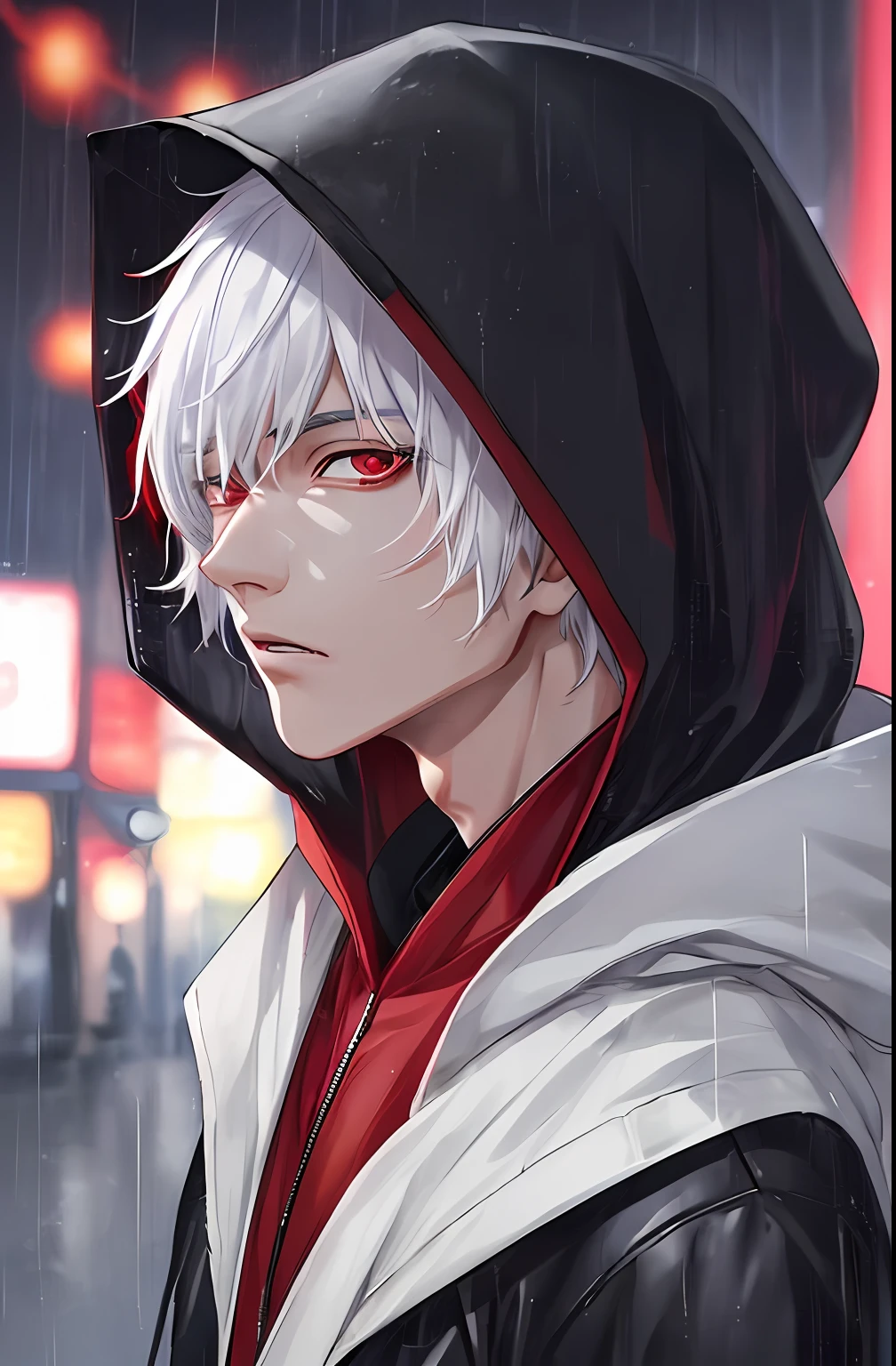 kk, best quality, more details, masterpiece, 1boy, kaneki ken, portrait, male focus, red eyes, solo, bangs, looking at viewer, hood, short hair, rain, tokyo tokyo \(city\),  hood up, nail polish, white hair, luxurious, 8k, detailed, ray tracing, depth of field, cinematic lighting,
