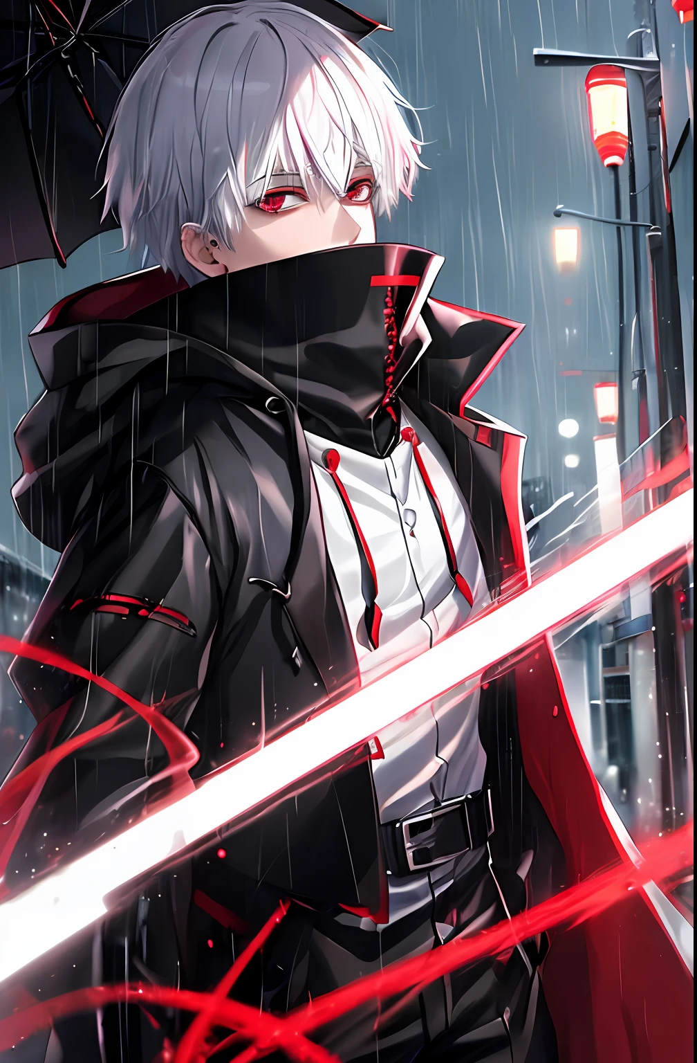 kk, best quality, more details, masterpiece, 1boy, kaneki ken, portrait, male focus, red eyes, solo, bangs, looking at viewer, hood, short hair, rain, tokyo tokyo \(city\),  hood up, nail polish, white hair, luxurious, 8k, detailed, ray tracing, depth of field, cinematic lighting,
