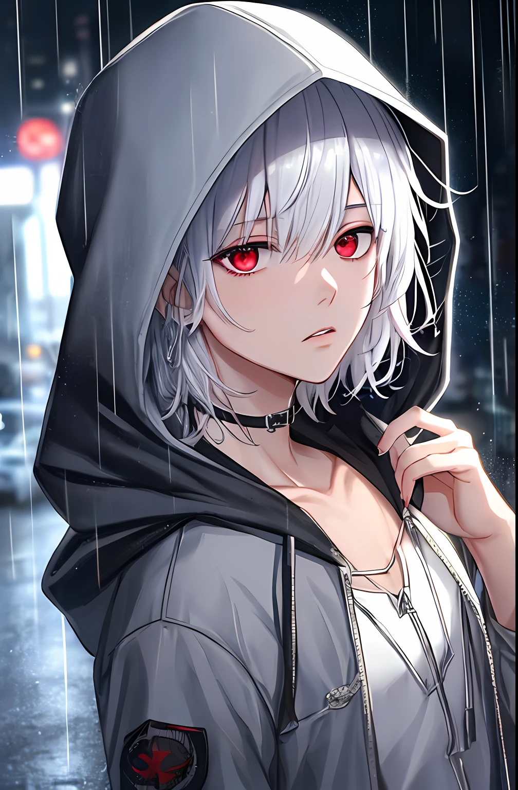 kk, best quality, more details, masterpiece, 1boy, kaneki ken, portrait, male focus, red eyes, solo, bangs, looking at viewer, hood, short hair, rain, tokyo tokyo \(city\),  hood up, nail polish, white hair, luxurious, 8k, detailed, ray tracing, depth of field, cinematic lighting,