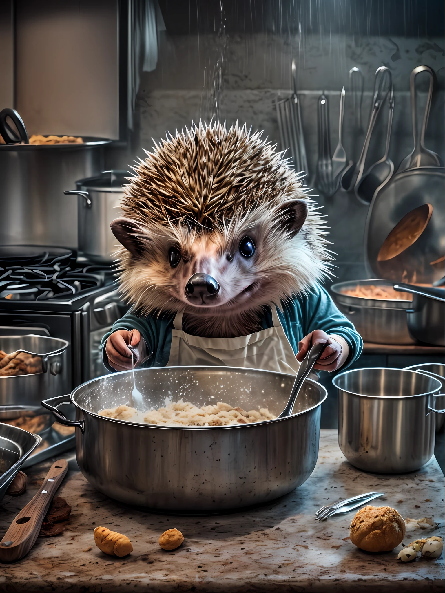 Anthropomorphic hedgehog cooking in the kitchen, Lightroom, Cinematic, HDR, Soggy, an intricate, hiquality, Calm tones, Complicated details, low contrast
