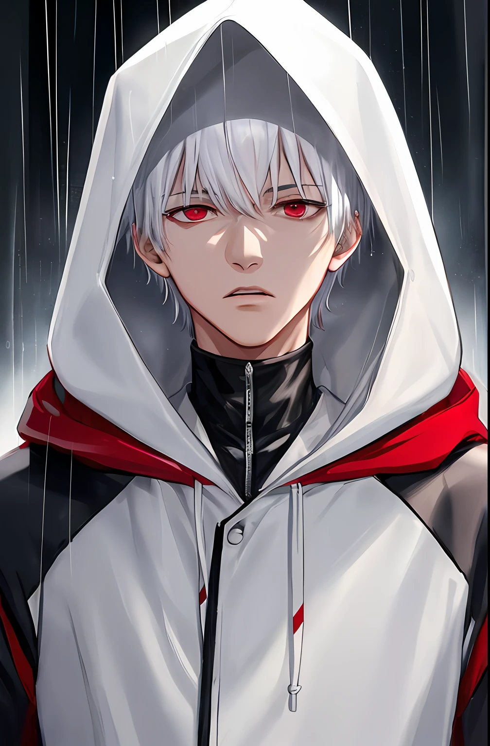 kk, best quality, more details, masterpiece, 1boy, kaneki ken, portrait, male focus, red eyes, solo, bangs, looking at viewer, hood, short hair, rain, tokyo tokyo \(city\),  hood up, nail polish, white hair, luxurious, 8k, detailed, ray tracing, depth of field, cinematic lighting,