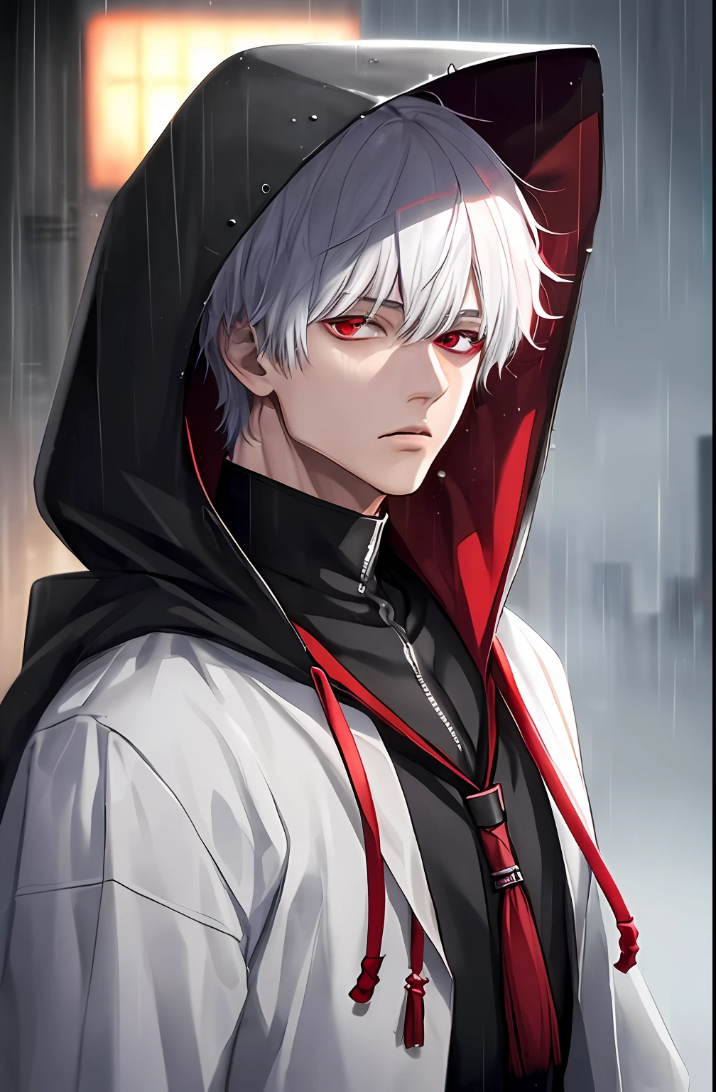 kk, best quality, more details, masterpiece, 1boy, kaneki ken, portrait, male focus, red eyes, solo, bangs, looking at viewer, hood, short hair, rain, tokyo tokyo \(city\),  hood up, nail polish, white hair, luxurious, 8k, detailed, ray tracing, depth of field, cinematic lighting,
