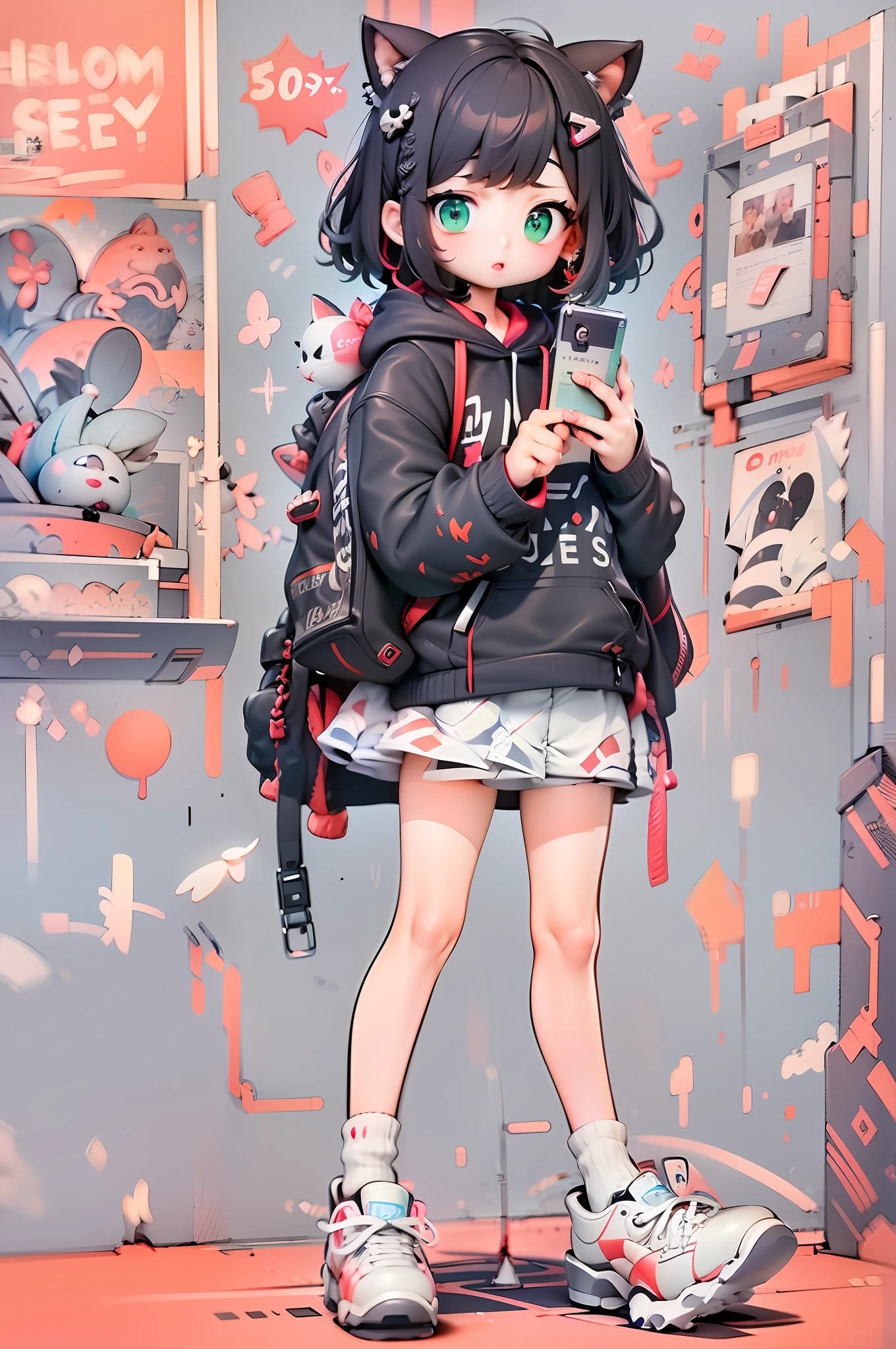 1girl, green eyes, backpack, cat, black hoodie, drawstring, black hair, shoes, hood down, hoodie, long sleeves, solo, bag, holding, hair ornament, english text, socks, earrings, white footwear, bangs, looking at viewer, jewelry, sneakers, phone, standing, blush, full body, skirt, medium hair, black socks, hairclip, red theme, speech bubble, holding phone, closed mouth, cellphone, sleeves past wrists, animal, short hair, simple background, black skirt,