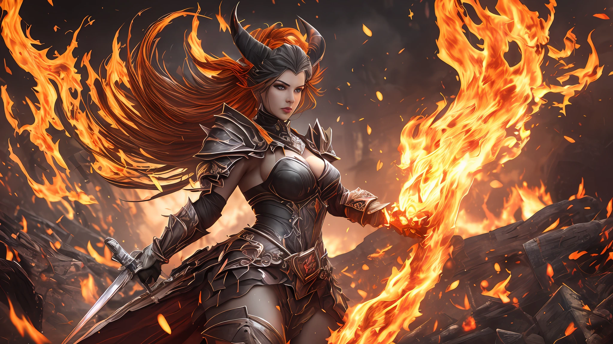 In the heart of a charred wasteland, a fearsome female assassin warrior stands amidst swirling flames. Her attire is a fusion of primal power and deadly elegance – leather armor adorned with intricate patterns that mirror the sinuous grace of flames. Upon her head, a pair of majestic horns curl skyward, each one a testament to her connection with the infernal forces. The air is thick with the scent of burning embers, as her eyes burn with an intensity that mirrors the flames around her. The orange and red hues of the inferno cast a fiery glow on her form, casting flickering shadows that dance in rhythm with the flames. With a blade of fire in hand, she embodies the embodiment of destruction and rebirth, a force of nature and chaos, ready to strike down her enemies with a fury that matches the blaze around her. hyperrealism, ultra sharp details, hyperrealistic, photorealistic render, cinematic lighting, 8K ultra HD, artstation, raytracing reflections --auto --s2