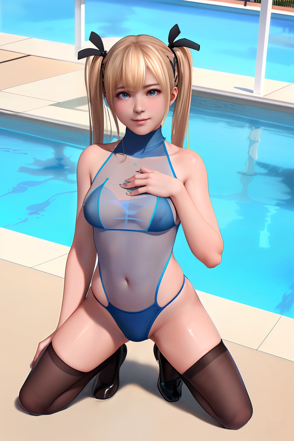 Top image quality、8K picture quality、hightquality、Detailed picture、nsfw、1girll、独奏、full body Esbian、Marie Rose、Twin-tailed、A smile、embarrassed from、red blush、、small plump breasts、small tits、(protrusion at the tip of the chest:1.6)、(Slender body))、(Nipple sheer:1.5)、((Shiny Blue Metallic))、((Sleeveless))、((See-through High Neck Competition Swimwear:1.3))、(highleg:1.3)、Kneeling、opening legs、feale masturbation、(Crotchgrad:1.3)、((Black High Socks:1.3))、((Brown loafers:1.3))、stares at the camera、in poolside、profetional lighting、Professional filming、Frontal shot