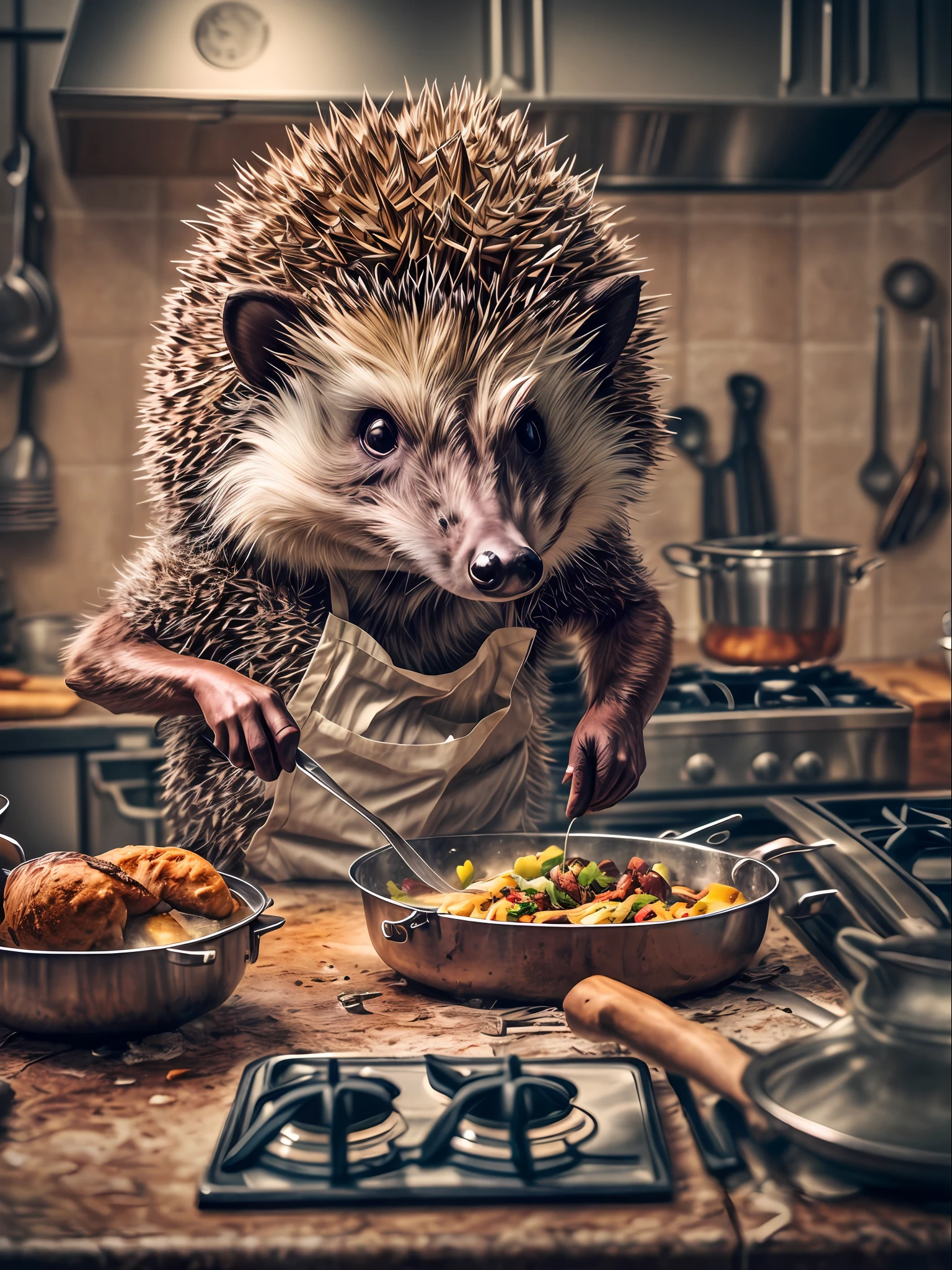 Anthropomorphic hedgehog cooking in the kitchen, Lightroom, Cinematic, HDR, Soggy, an intricate, hiquality, Calm tones, Complicated details, low contrast