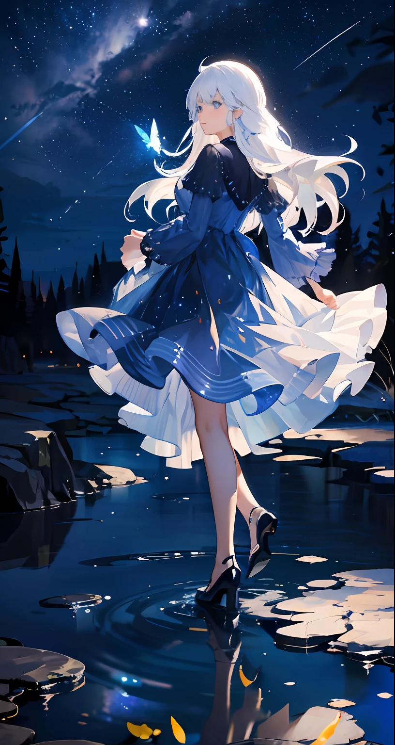 under the starry night sky,meteors,Girl standing,Side Body,The creek reflects the starry sky,Girl with long white hair,Blue dress,Blue butterflies fly,blue color eyes,delicated,the night