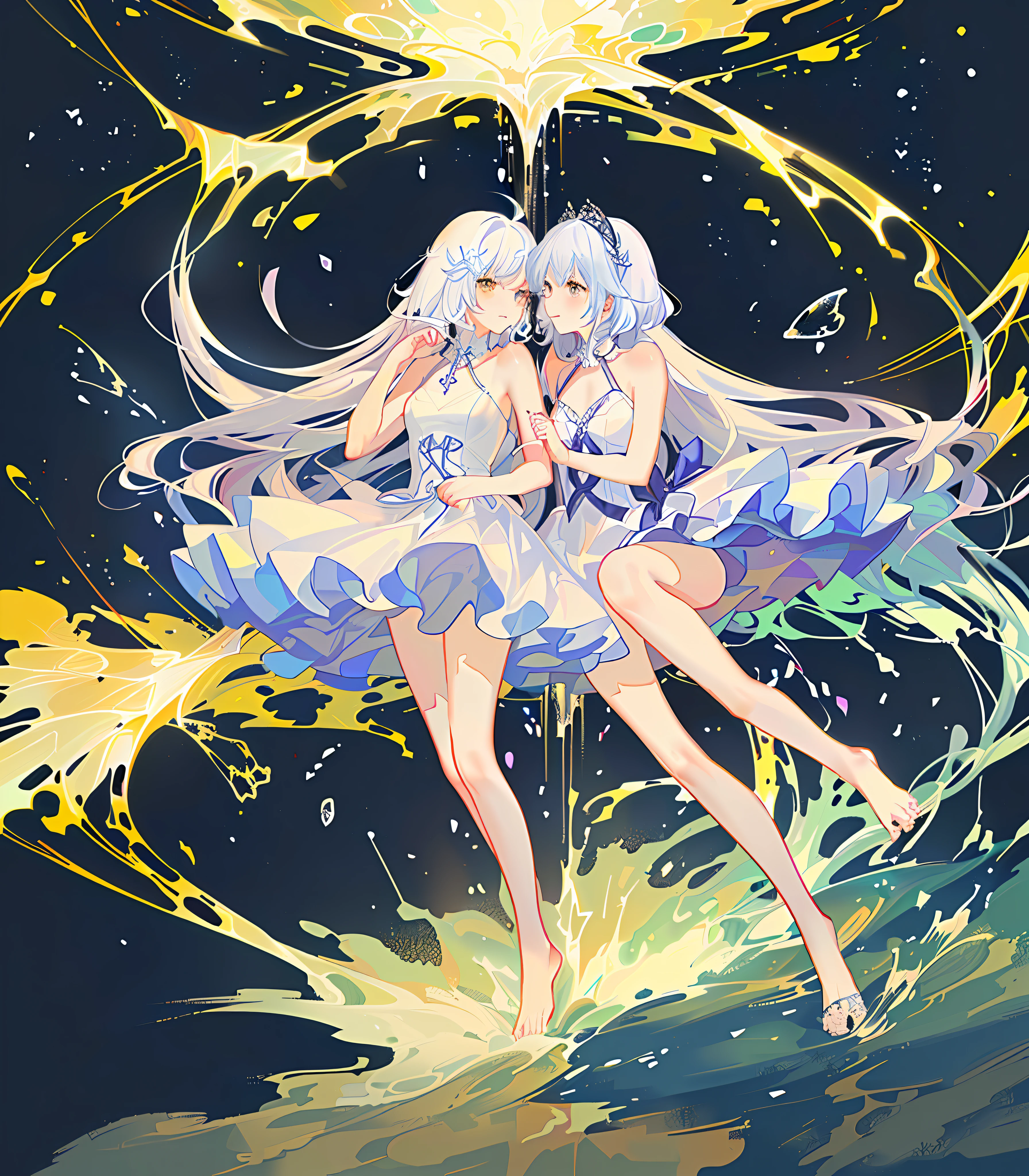 White shoes,(tmasterpiece,best qualtiy:1.2),(Super meticulous),(illustratio),Wallpapers,Original,1girll,Messy white hair,thin shoulder strap,White dress,Bare legged,Barefoot,Bare arms,full bodyesbian,(Surrounded by colorful splashes and dots),Colored bubbles,(Shiny)high-definition picture quality,Chroma contrast contrast