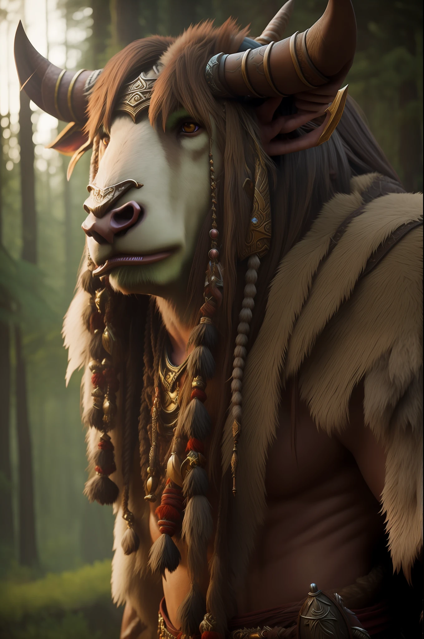 "realistic cinematic portrayal of a male Tauren druid from World of Warcraft, intricately detailed, showcasing the power of Unreal Engine 5."