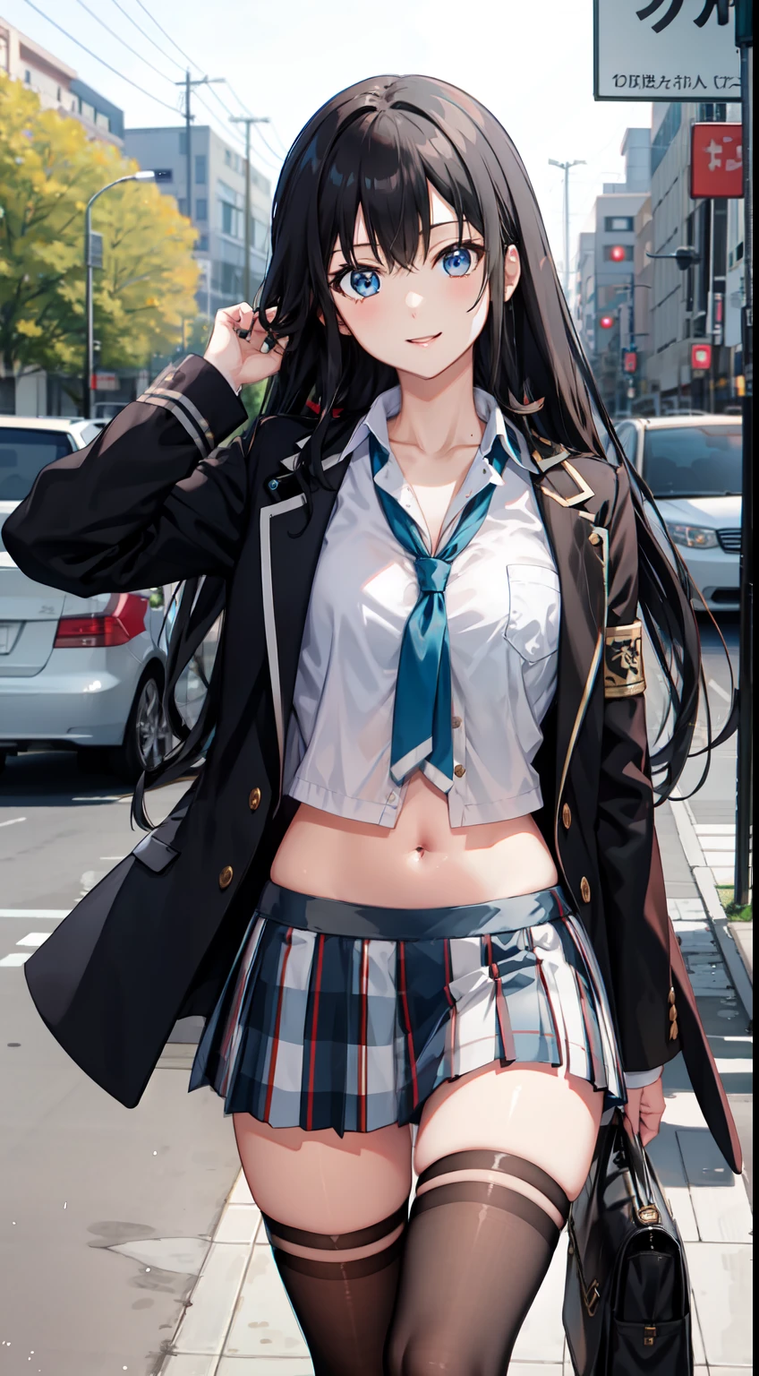 Yukino yukinoshita, long hair, cleavage, navel, slim legs, black hair, blue eyes, short skirt, thigh high socks, , happy, school uniform, park, Belly