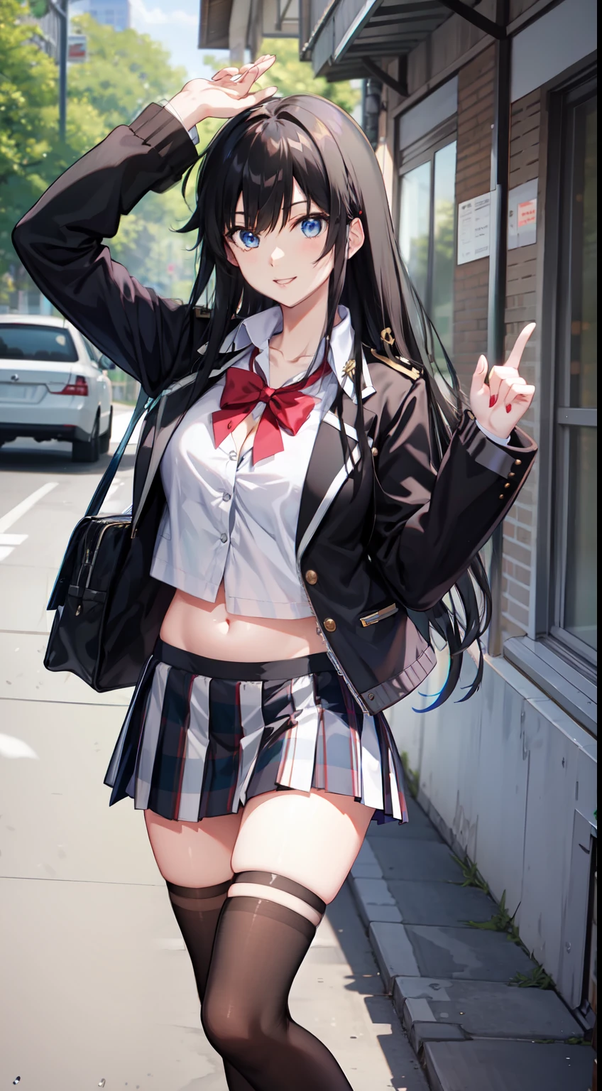 Yukino yukinoshita, long hair, cleavage, navel, slim legs, black hair, blue eyes, short skirt, thigh high socks, teen, happy, school uniform, park, Belly