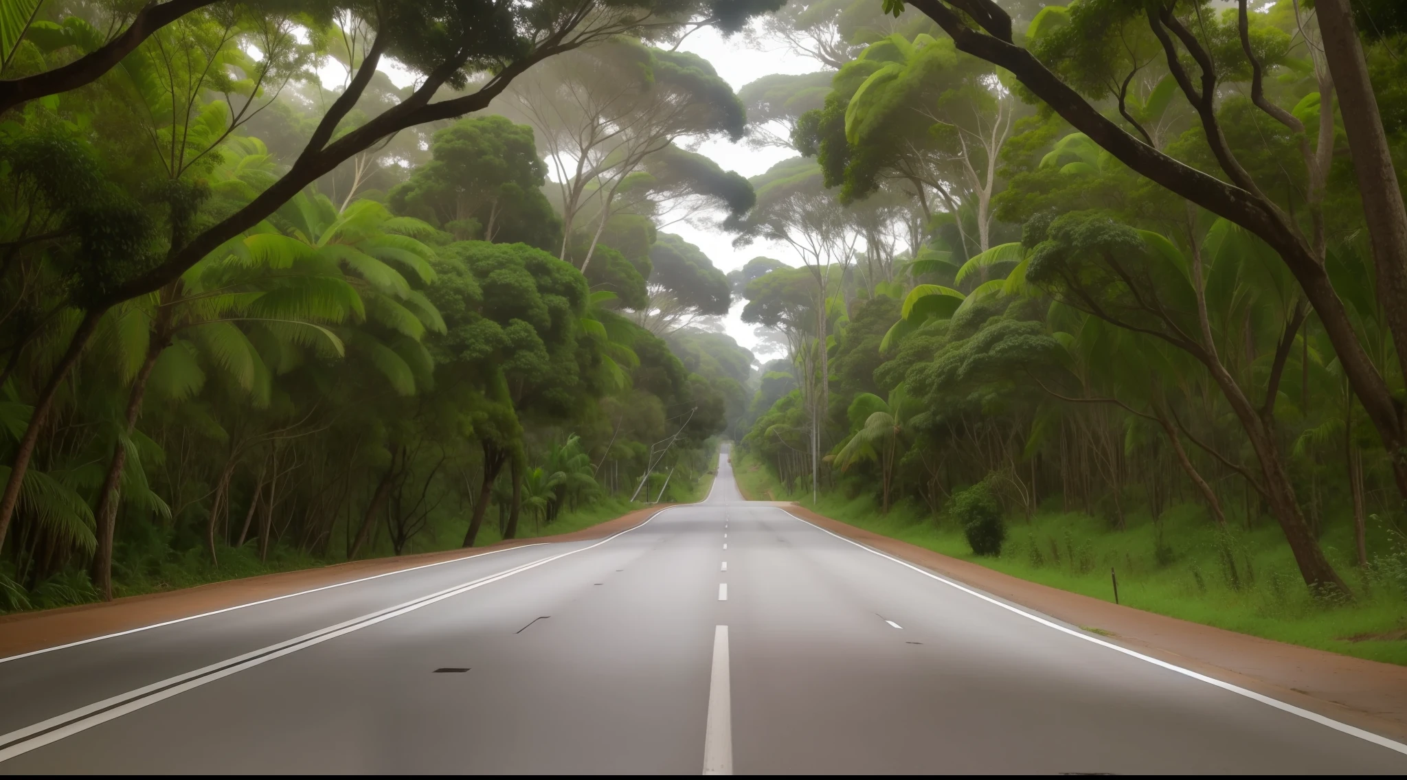paisagem com estrada ao centro, flanked by large trees and dense forest, dia claro e chuva forte, sem pessoas, no vehicles.