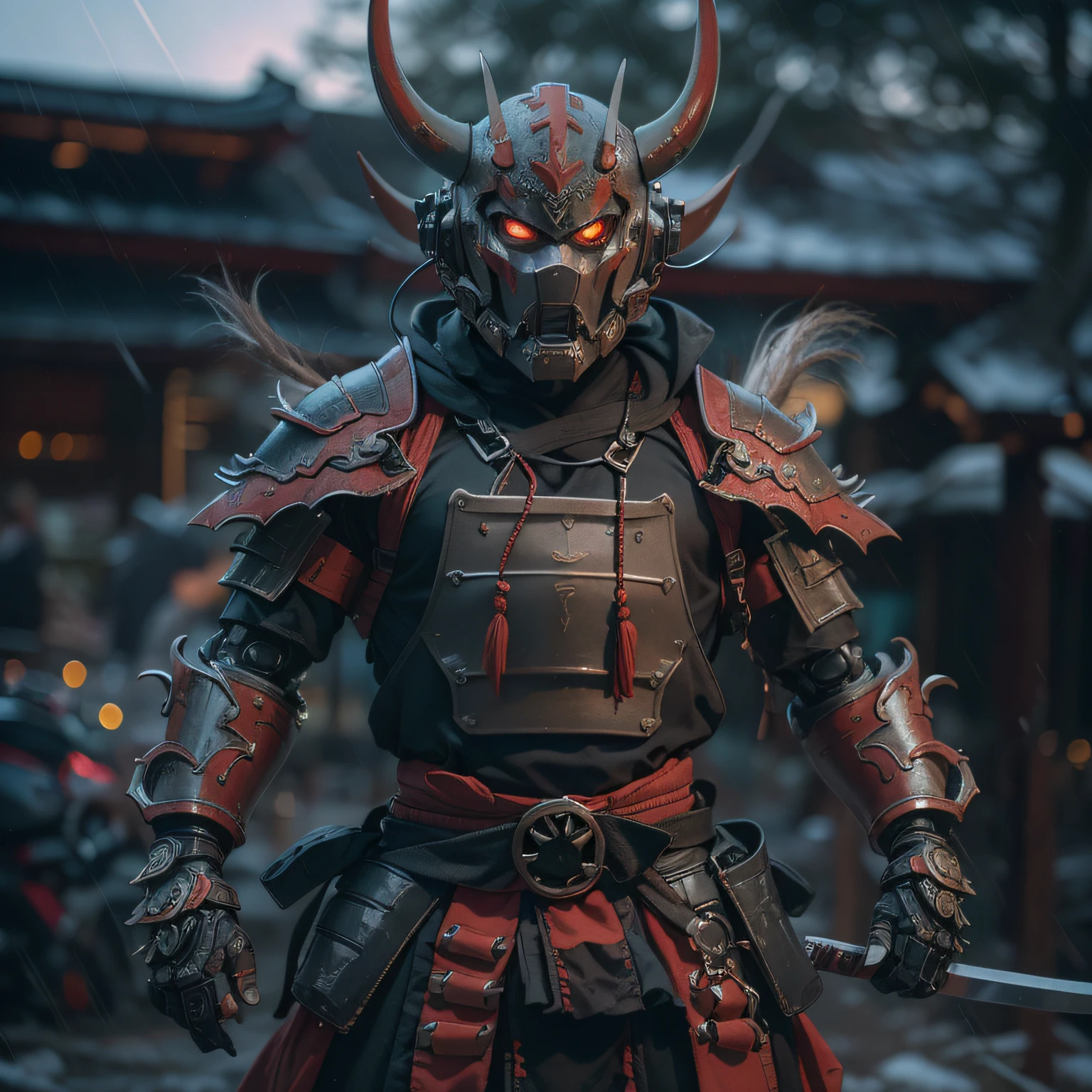 (masterpiece, ultra-high resolution:1.4), (photo of a mecha samurai wearing demon oni mask, full mecha samurai armor, head down, in village, full body shot,:1.3), Mechanical Wonder, Robotic Presence, Cybernetic Guardian, katana on both hands,dramatic , heavy rain, sunset, dark clouds , mask and armor highly detailed, (japanese cyberpunk samurai armor and helm), (tall stature and muscular body:1.4), (Sony Alpha 1 camera, renowned for capturing the highest level of detail in a photo:1.3), (the samurai's cyber oni mask with perfect symmetry and flawless features:1.2), (standing with a commanding presence amidst the battlefield:1.1), emphasize of the mechanical armor, Cinematic, Hyper-detailed, insane details, Beautifully color graded, Unreal Engine, DOF, Super-Resolution, Megapixel, Cinematic Lightning, Anti-Aliasing, FKAA, TXAA, RTX, SSAO, Post Processing, Post Production, Tone Mapping, CGI, VFX, SFX, Insanely detailed and intricate, Hyper maximalist, Hyper realistic, Volumetric, Photorealistic, ultra photoreal, ultra-detailed, intricate details, 8K, Super detailed, Full color, Volumetric lightning, HDR, Realistic, Unreal Engine, 16K, Sharp focus, Octane render