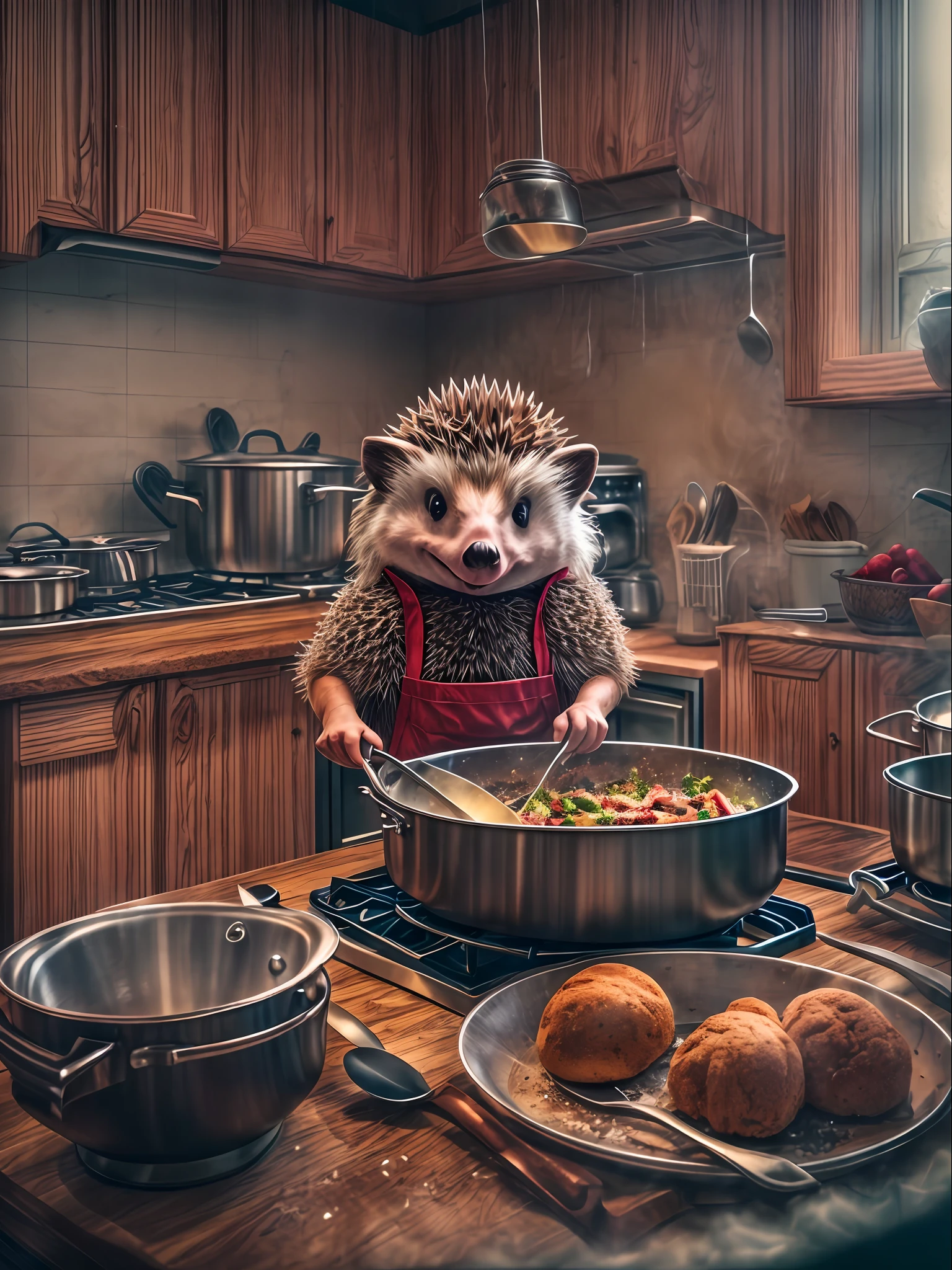 Anthropomorphic hedgehog cooking in the kitchen, Lightroom, Cinematic, HDR, Soggy, an intricate, hiquality, Calm tones, Complicated details, low contrast