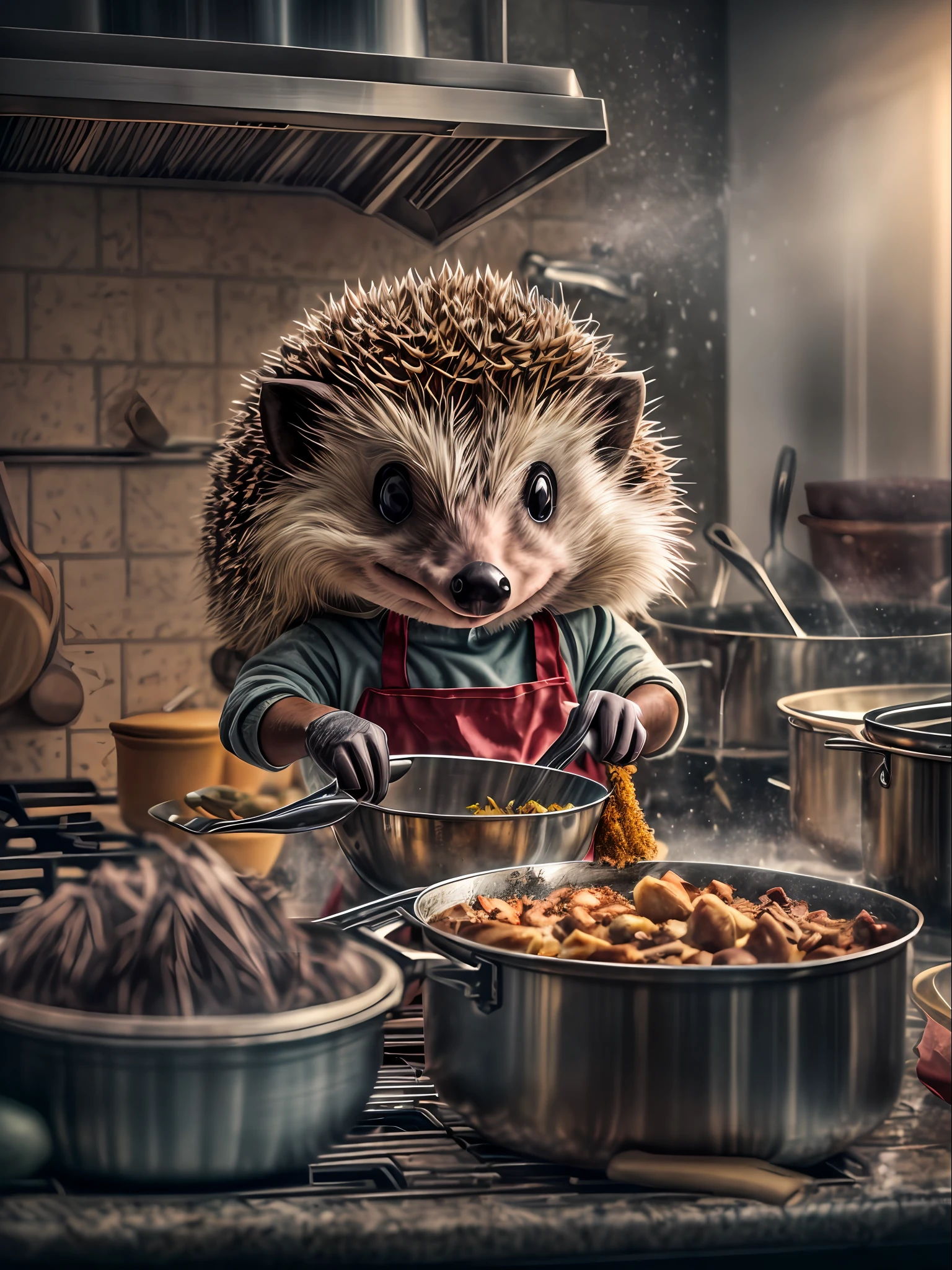 Anthropomorphic hedgehog cooking in the kitchen, Lightroom, Cinematic, HDR, Soggy, an intricate, hiquality, Calm tones, Complicated details, low contrast