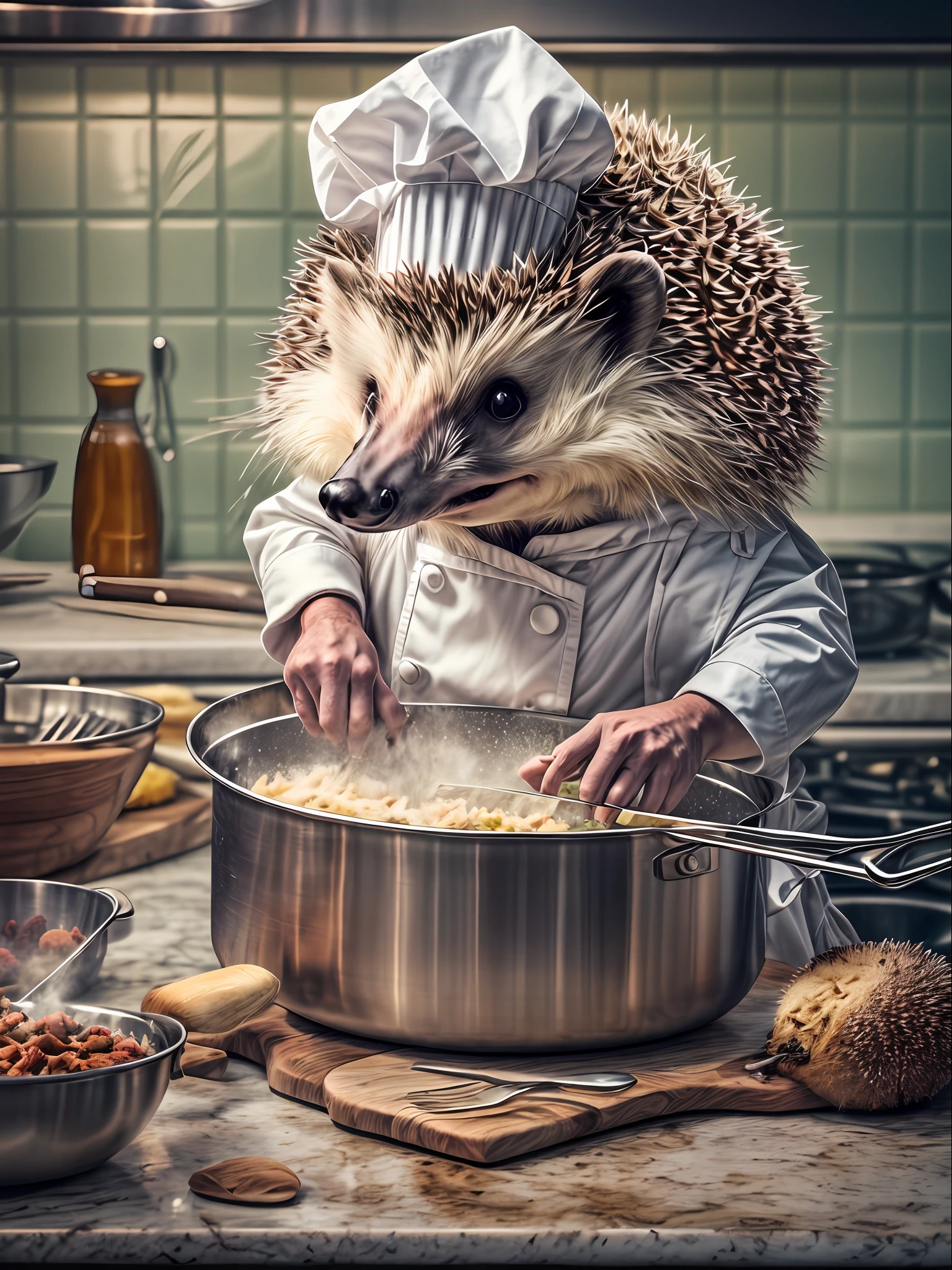 Anthropomorphic hedgehog cooking in the kitchen, White Chef's Hood, Lightroom, Cinematic, HDR, Soggy, an intricate, hiquality, Calm tones, Complicated details, low contrast