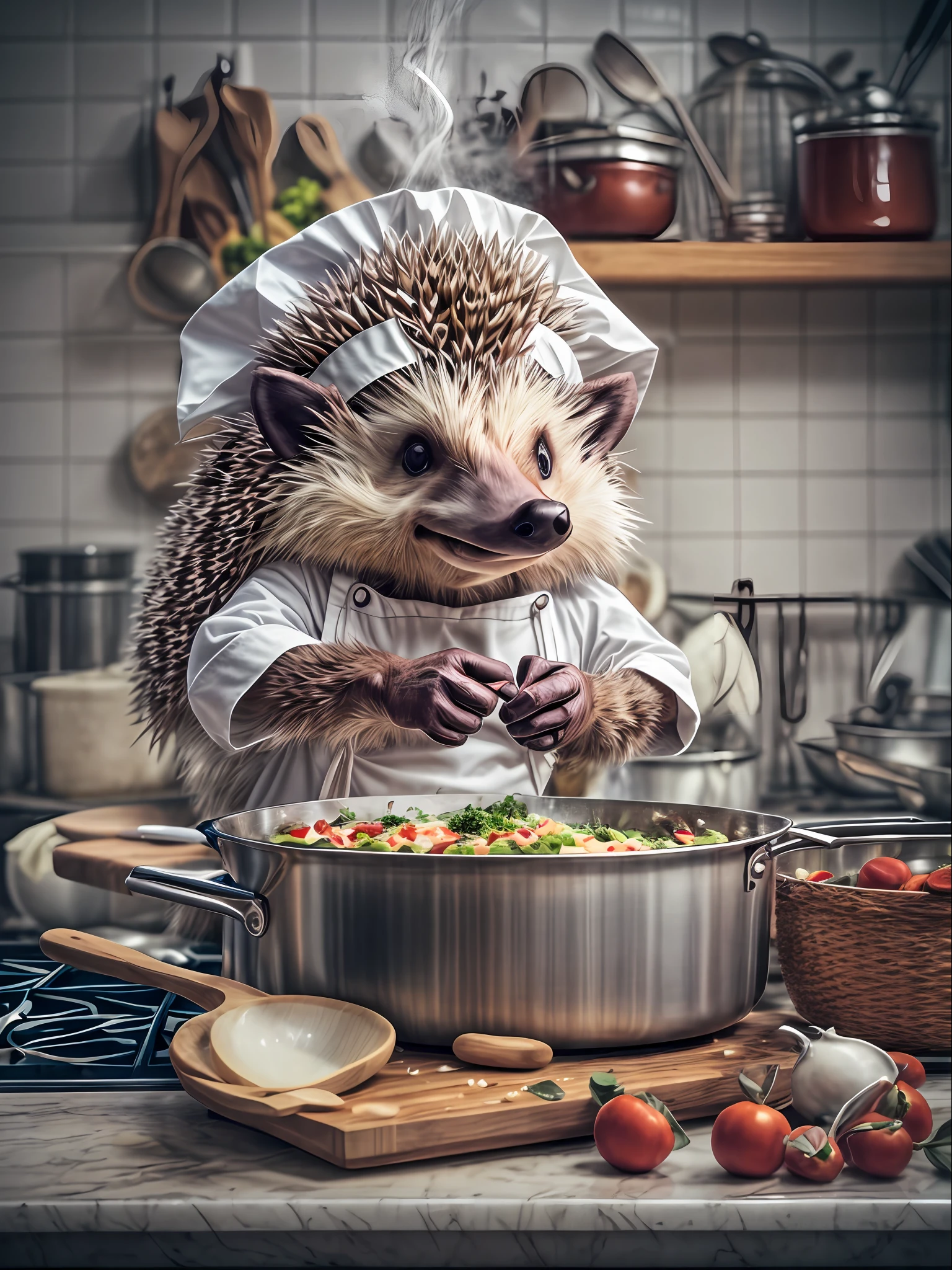 Anthropomorphic hedgehog cooking in the kitchen, White Chef's Hood, Lightroom, Cinematic, HDR, Soggy, an intricate, hiquality, Calm tones, Complicated details, low contrast