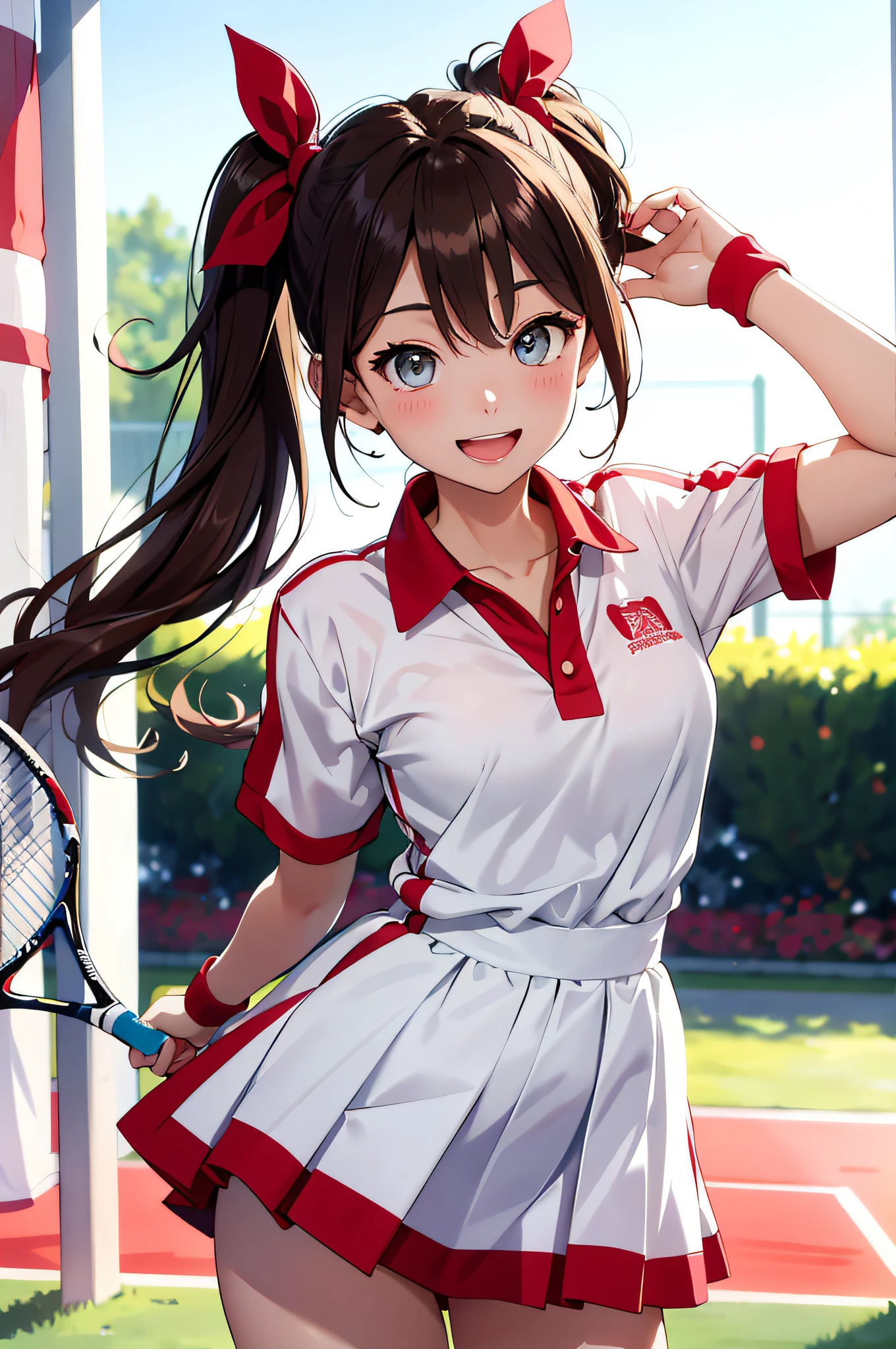 (top-quality、in 8K、32K、masterpiece、nffsw、超A high resolution、Impresionismo、Photorealsitic:1.2)、Looking back、Full body, tennis coat、beauitful face、blurry backround、18 year old beautiful girl、shinny skin、Twin-tailed、beautiful brown hair、Gray eyes、Tie your hair with a big red ribbon、Tennis Uniforms、raise arms、Smile with open mouth、Curve、Holding a racket、Dynamic Poses、white panties、