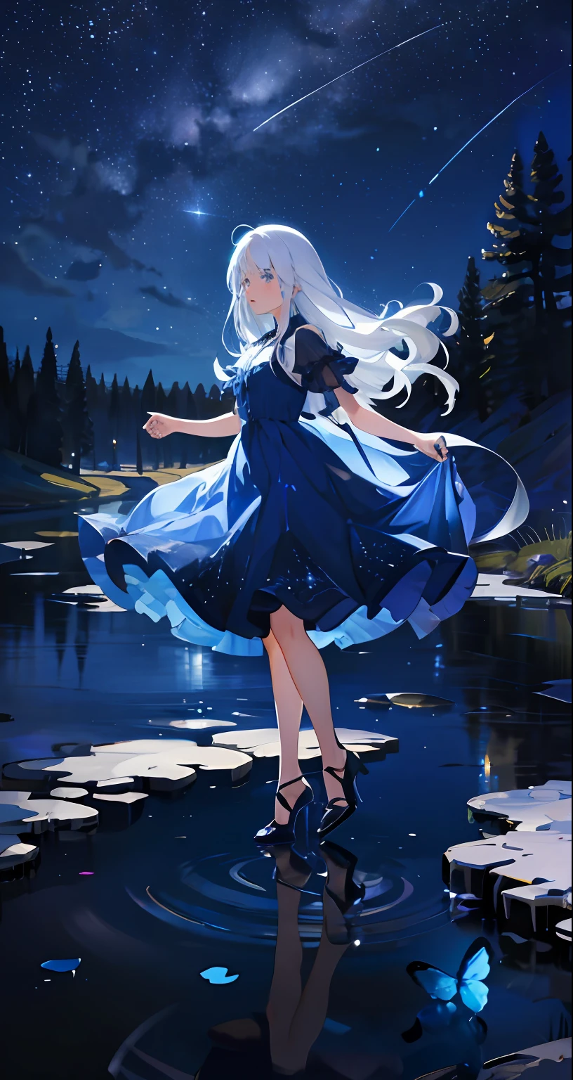 under the starry night sky,meteors,Girl standing,Side Body,The creek reflects the starry sky,Girl with long white hair,Blue dress dress,Blue high heels,Blue butterflies fly,blue color eyes,delicated,the night