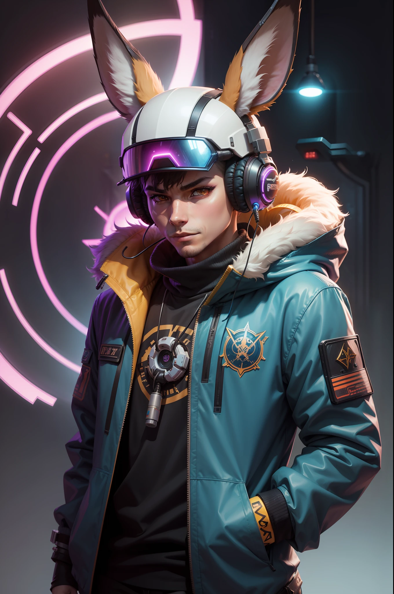 close-up of a goat wearing headphones and a jacket, People's Engineer Cyberpunk Mouse, A cyborg, Jackalope, ciberpunk, Beeple Hybrid Mix Style, beeple and jeremiah ketner, wojtek fus, WeirDcore VoiDPunk Fursona, Cosmic Tiefling D&D, Starfinder Style, an anthropomorphic cyberpunk fox, Starfinder Character