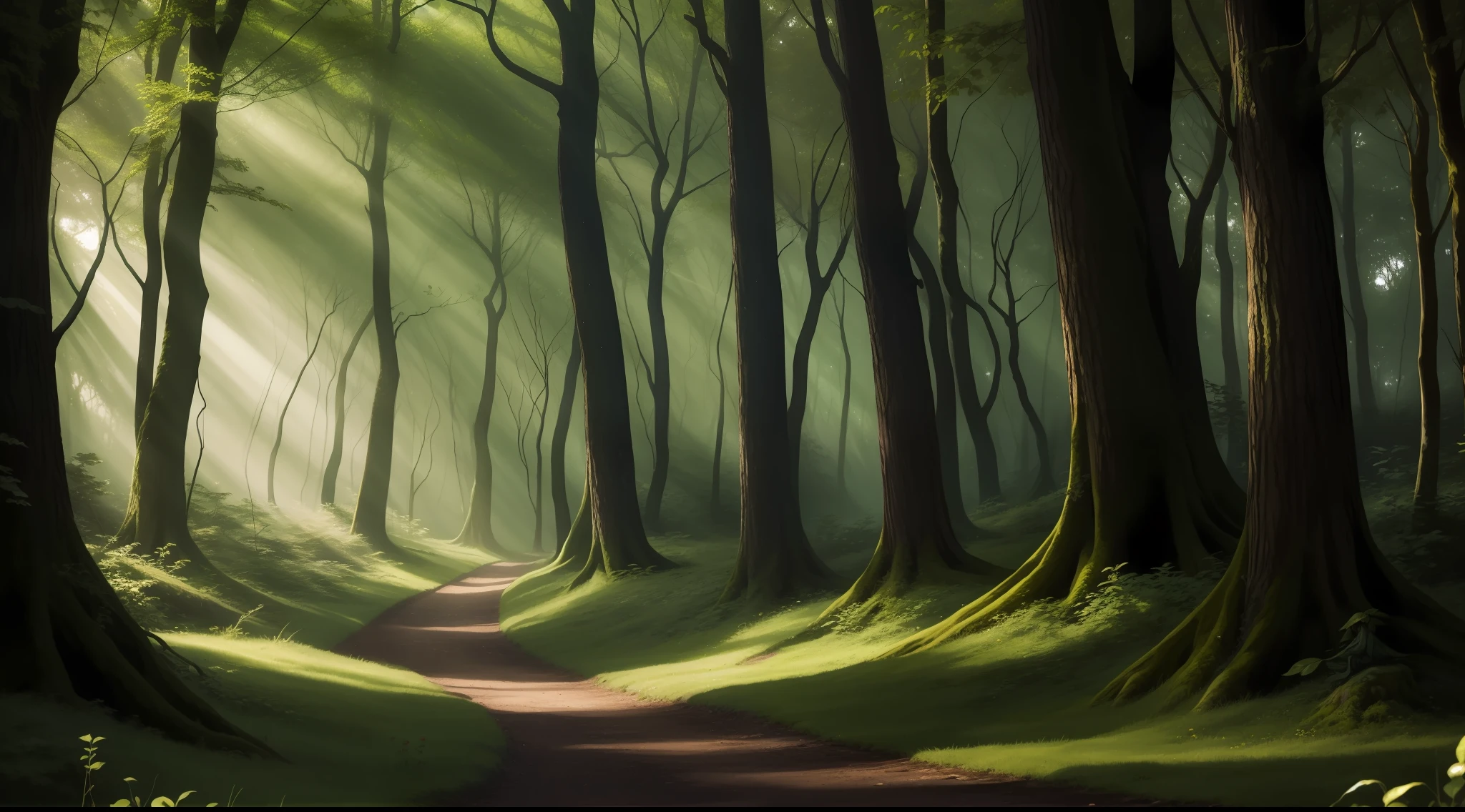 green forest, with dryad hidden in the far