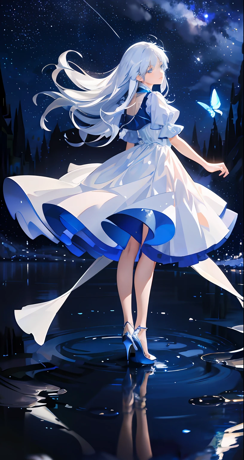 under the starry night sky，meteors，Girl standing，Side Body，The creek reflects the starry sky，Girl with long white hair，Blue dress dress，Blue high heels，Blue butterflies fly，blue color eyes，delicated，the night