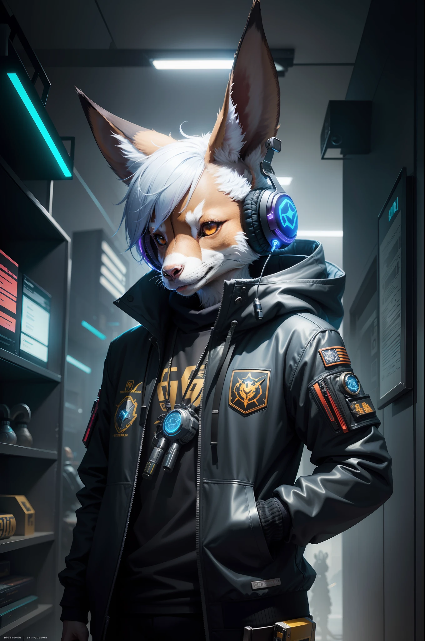 close-up of a goat wearing headphones and a jacket, People's Engineer Cyberpunk Mouse, A cyborg, Jackalope, ciberpunk, Beeple Hybrid Mix Style, beeple and jeremiah ketner, wojtek fus, WeirDcore VoiDPunk Fursona, Cosmic Tiefling D&D, Starfinder Style, an anthropomorphic cyberpunk fox, Starfinder Character