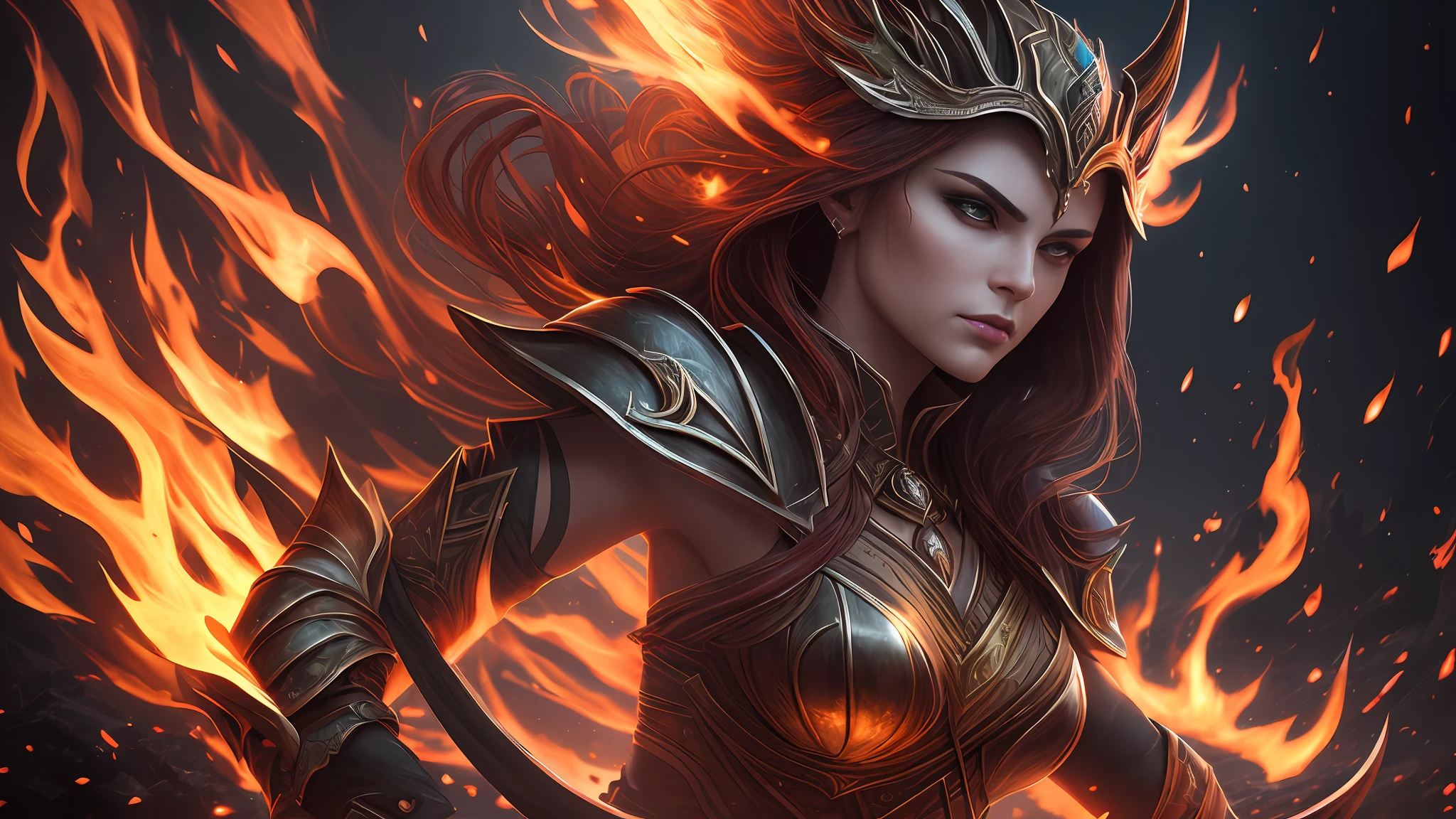 In a realm shrouded in eternal twilight, a formidable female assassin warrior reigns over the Ember Realms. Her leather armor is a masterful blend of strength and allure, hugging her form while allowing for unparalleled agility. Atop her brow, a pair of elegant horns emerge, their polished obsidian surfaces reflecting the dim light of the realm. In one hand, she wields a blade wreathed in ethereal flames, its flickering light casting an eerie glow on her features. Around her, the landscape is a tapestry of embers and shadows, with pillars of fire illuminating the dusky skies. The realm's perpetual twilight bathes her in a haunting yet captivating light, emphasizing her regal and commanding presence as she stands as the enigmatic ruler of the Ember Realms. hyperrealism, ultra sharp details, hyperrealistic, photorealistic render, cinematic lighting, 8K ultra HD, artstation, raytracing reflections --auto --s2
