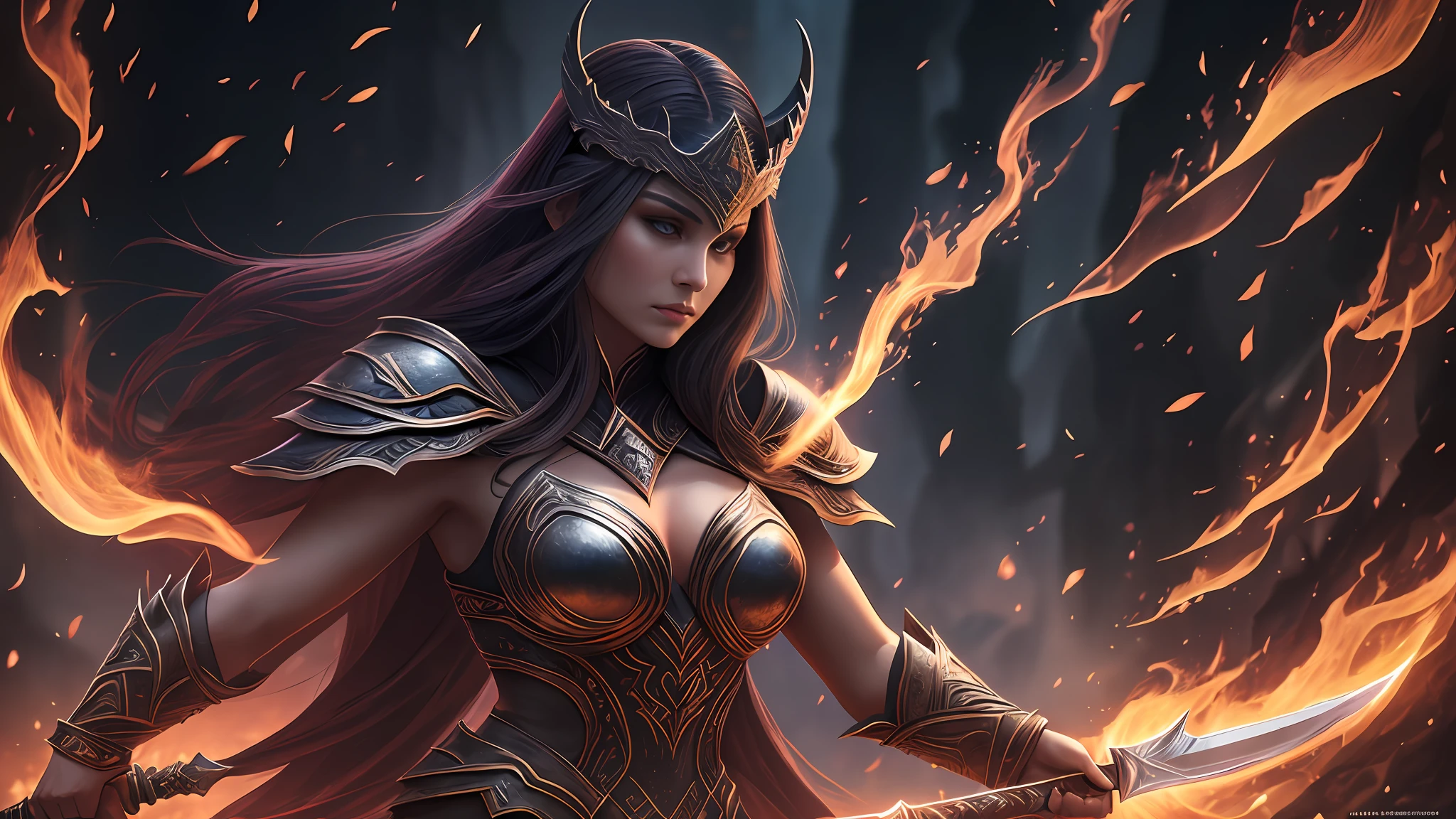 In a realm shrouded in eternal twilight, a formidable female assassin warrior reigns over the Ember Realms. Her leather armor is a masterful blend of strength and allure, hugging her form while allowing for unparalleled agility. Atop her brow, a pair of elegant horns emerge, their polished obsidian surfaces reflecting the dim light of the realm. In one hand, she wields a blade wreathed in ethereal flames, its flickering light casting an eerie glow on her features. Around her, the landscape is a tapestry of embers and shadows, with pillars of fire illuminating the dusky skies. The realm's perpetual twilight bathes her in a haunting yet captivating light, emphasizing her regal and commanding presence as she stands as the enigmatic ruler of the Ember Realms. hyperrealism, ultra sharp details, hyperrealistic, photorealistic render, cinematic lighting, 8K ultra HD, artstation, raytracing reflections --auto --s2