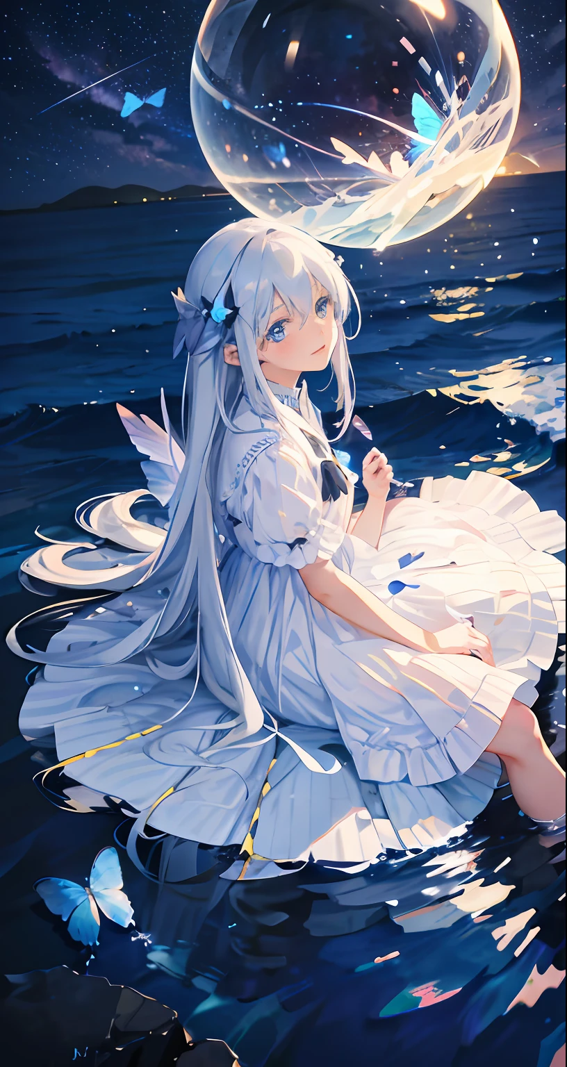 under the starry night sky,meteors,Girl sitting by the sea,magia,crystal sphere,Girl with long white hair,Blue dress,Blue butterflies fly,blue color eyes,delicated,the night,mistic
